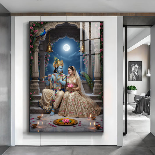 Hindu Deities Radha & Krishna Glass Finish Vertical Wall Art