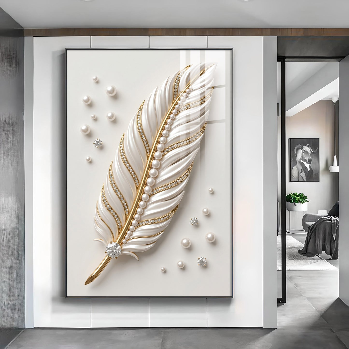 White & Gold Finish Feather Glass Finish Vertical Wall Art