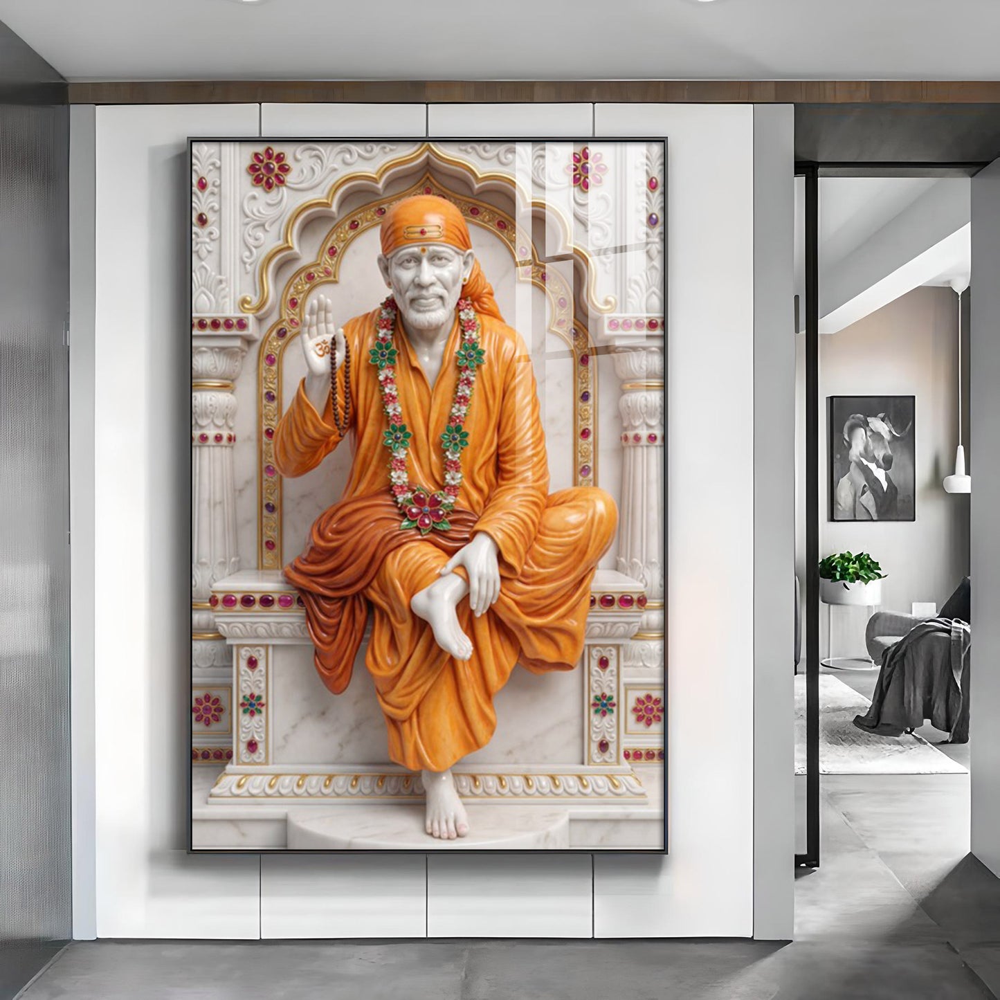 Divine Sai Baba Glass Finish Vertical Wall Art