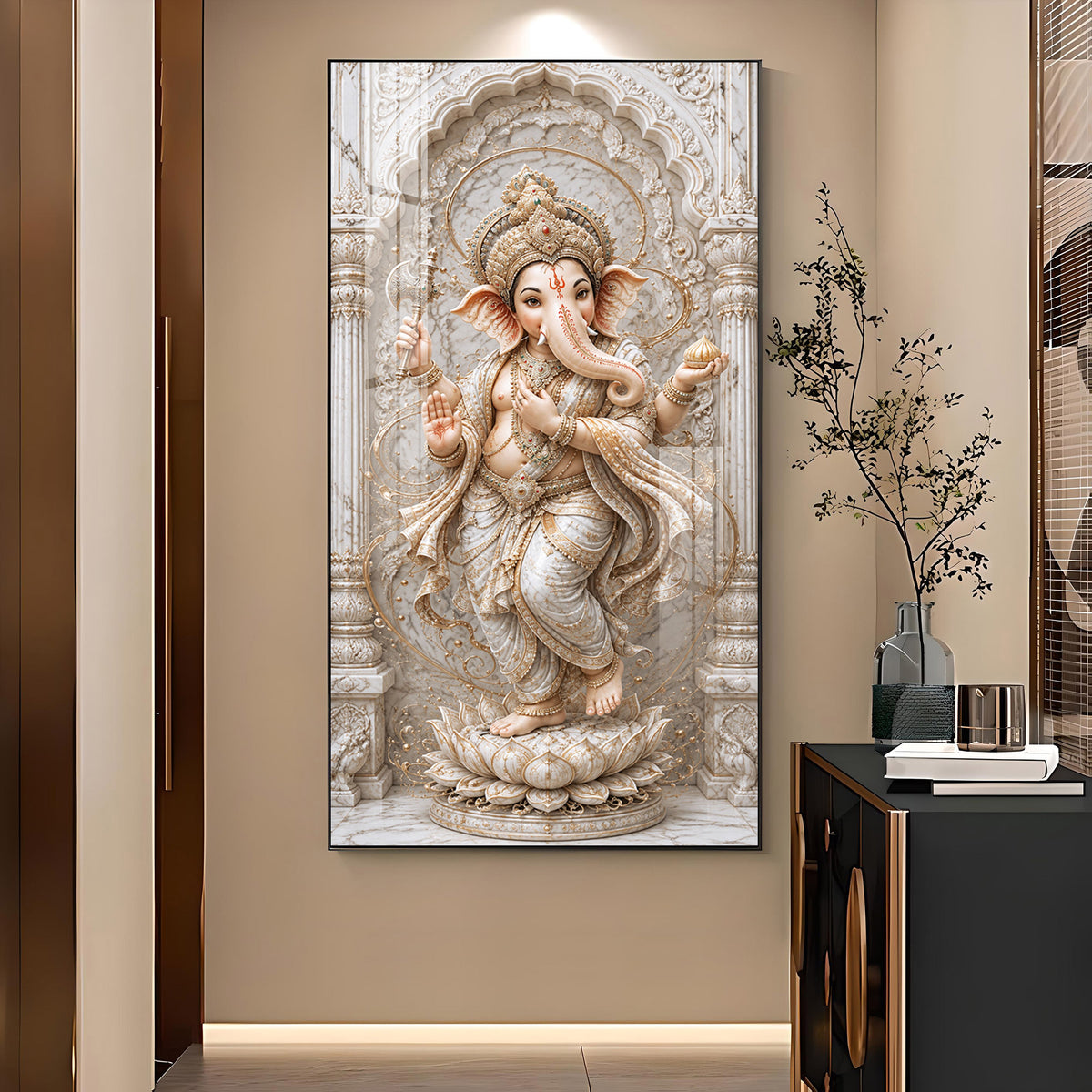 Spiritual Lord Ganesha Glass Finish Vertical Wall Art