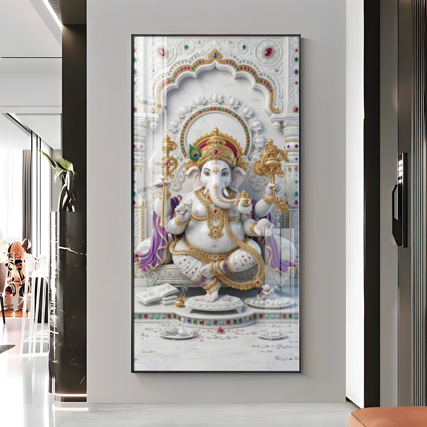 Lord Ganesha Ji Glass Finish Vertical Wall Art