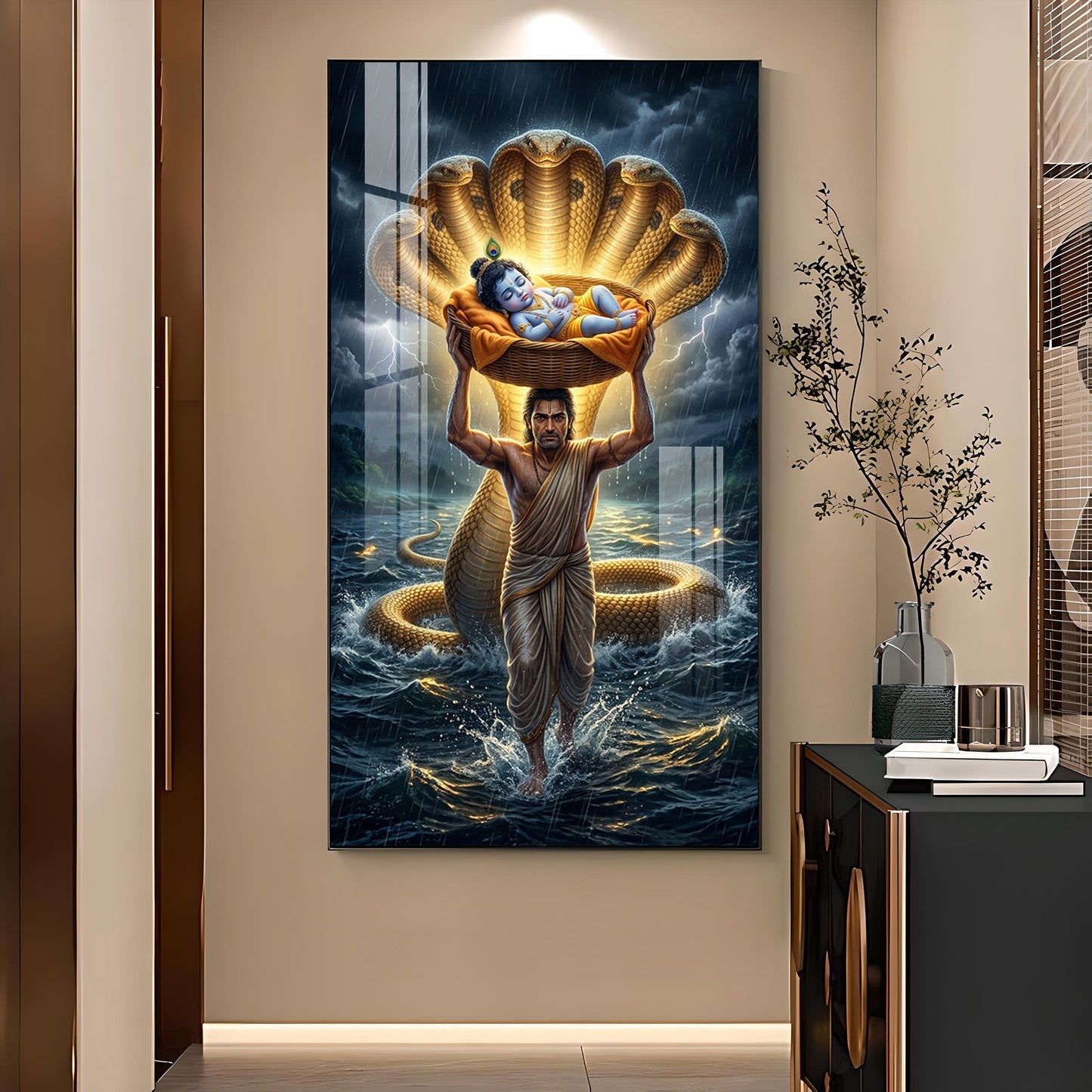 Lord Krishna with Vasudeva Glass Finish Vertical Wall Art