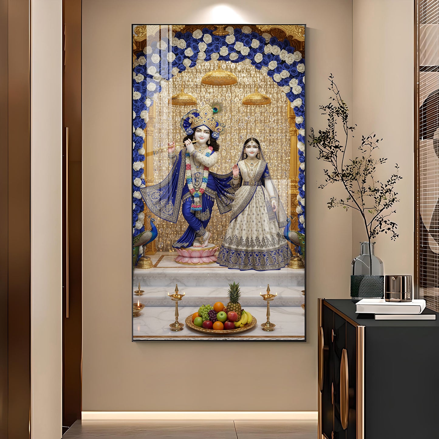 Deities Radha & Krishna Glass Finish Vertical Wall Art