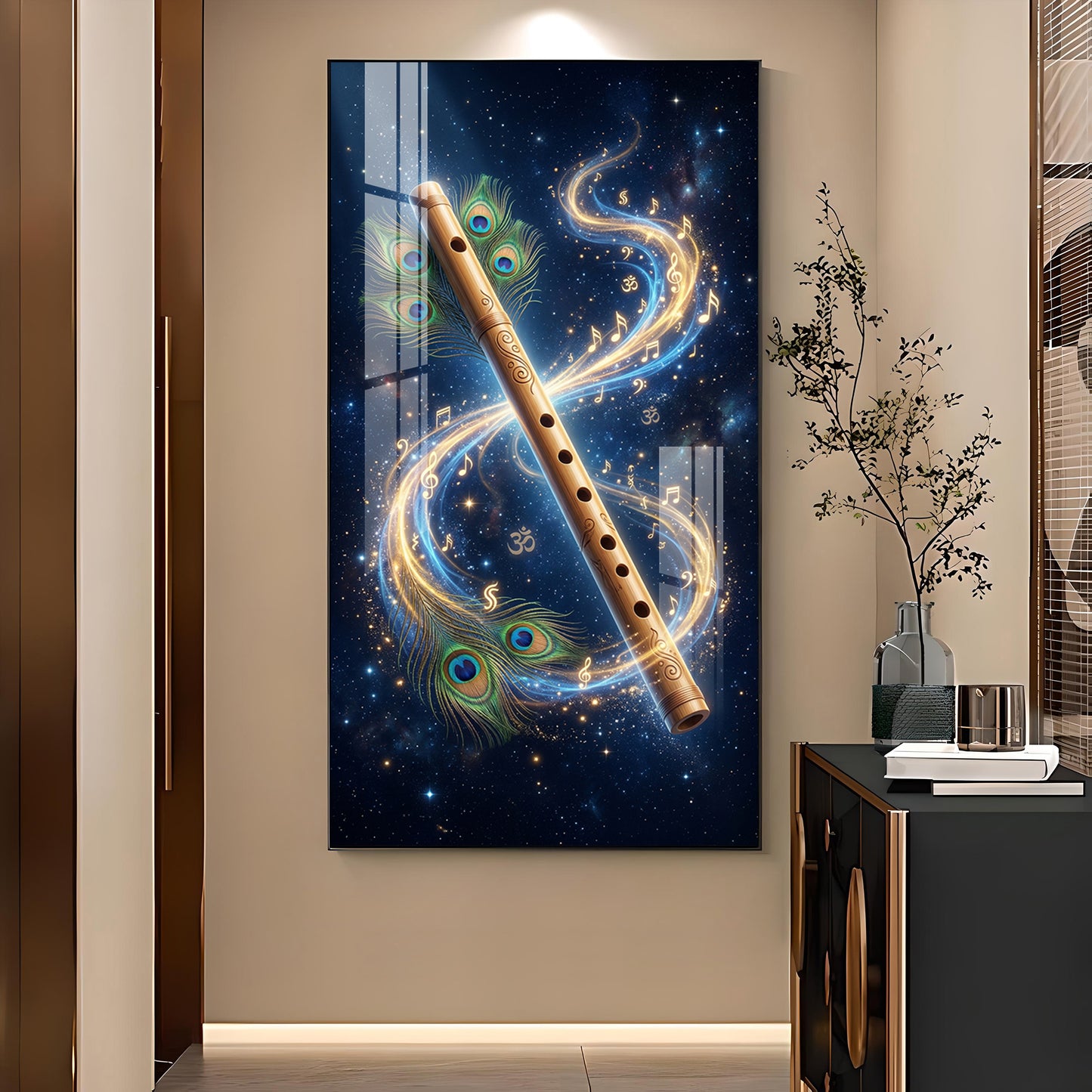 Flute With Peacock Feathers Glass Finish Vertical Wall Art