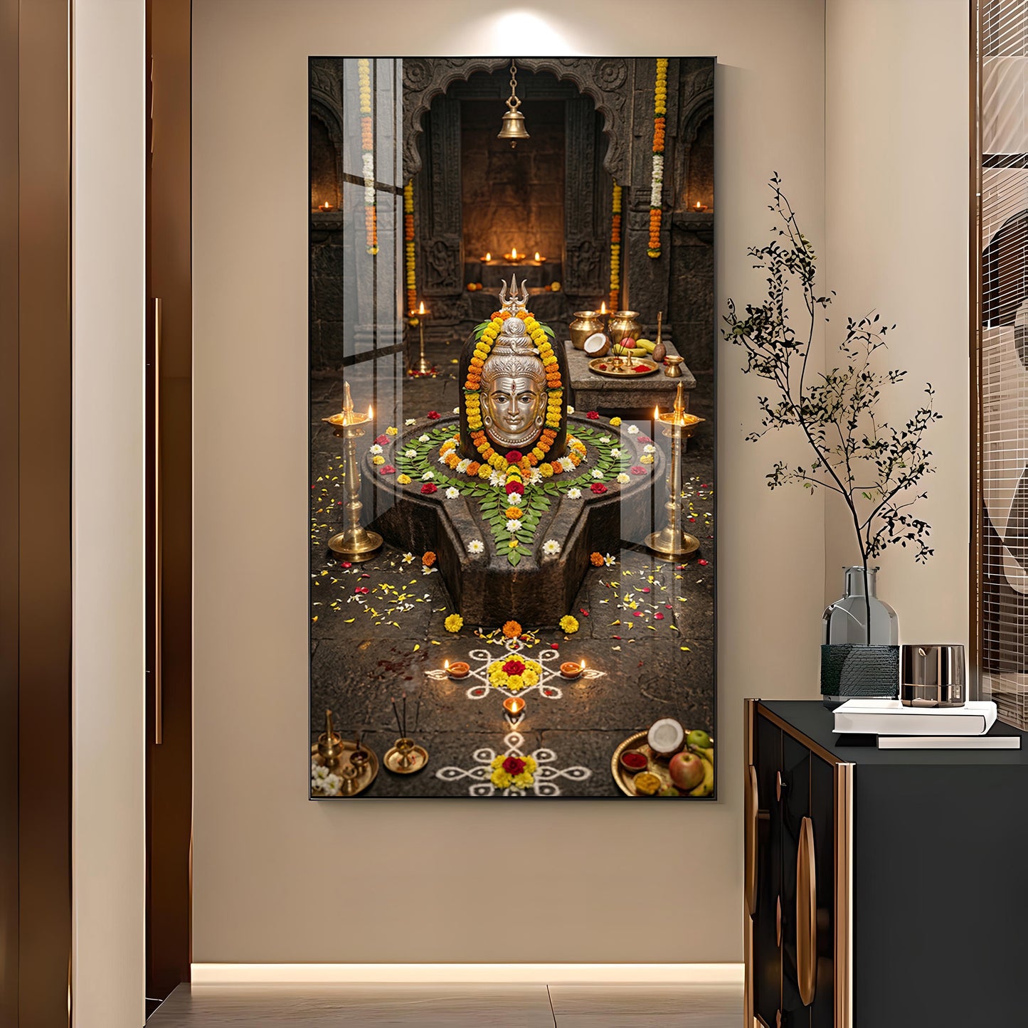 Divine Trimbakeshwar Jyotirlinga Glass Finish Vertical Wall Art
