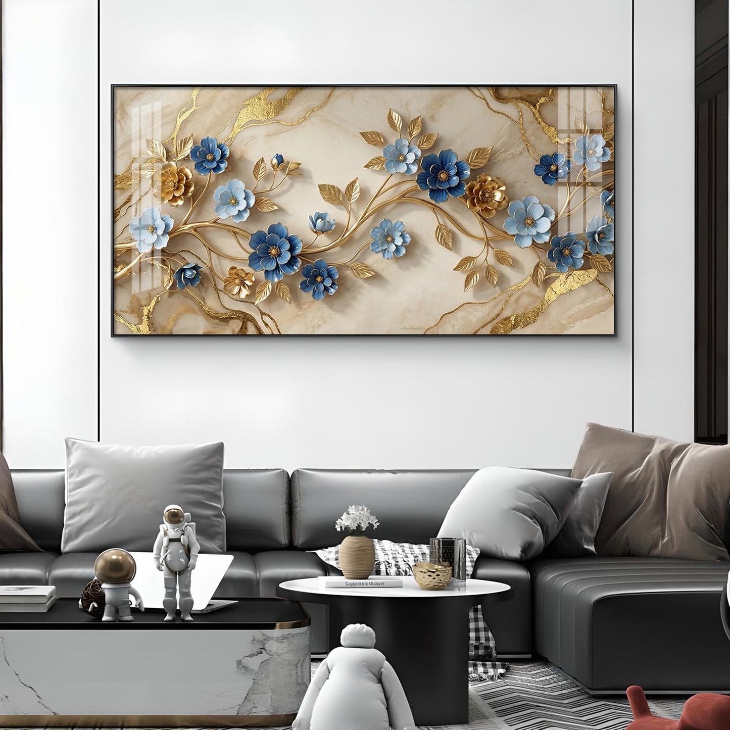 Elegant Blue Flower Glass Finish Horizontal Wall Art