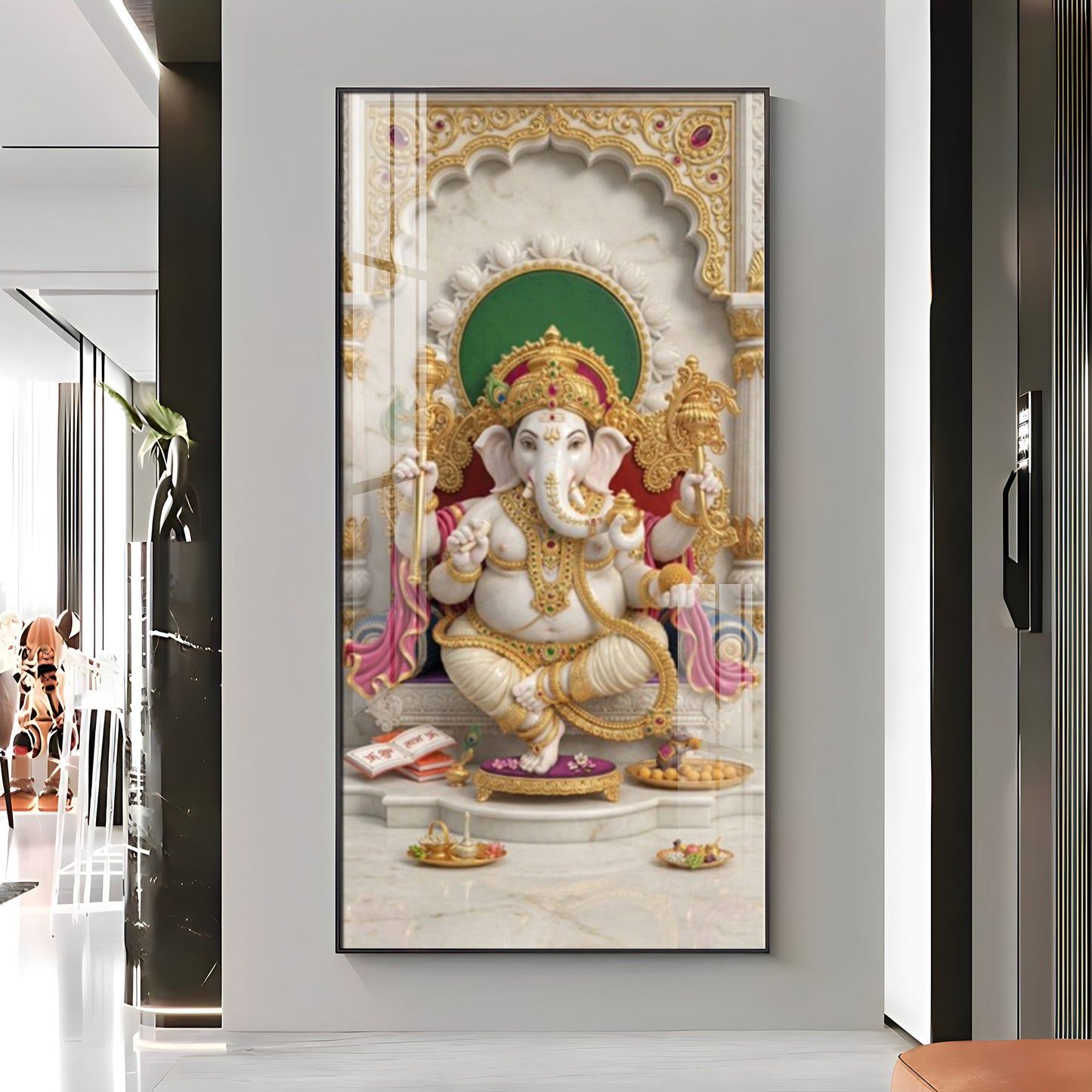 Lord Shree Ganesha Glass Finish Vertical Wall Art