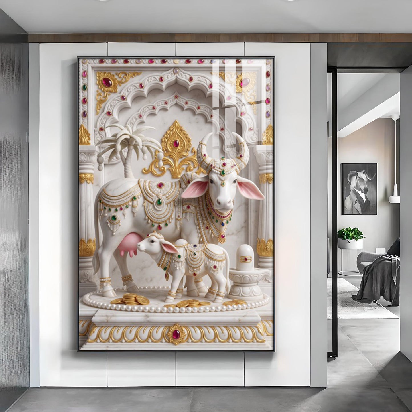 Kamdhenu Cow Calf Glass Finish Vertical Wall Art