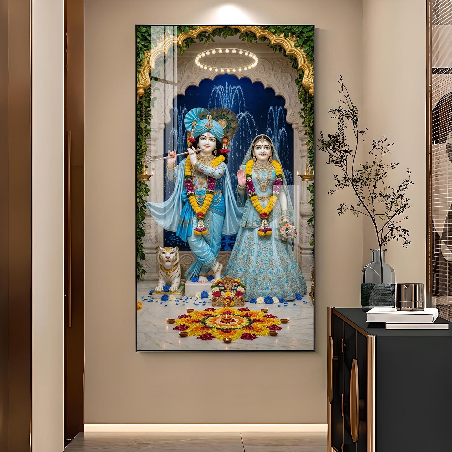 Radha & Krishna Masterpiece Glass Finish Vertical Wall Art