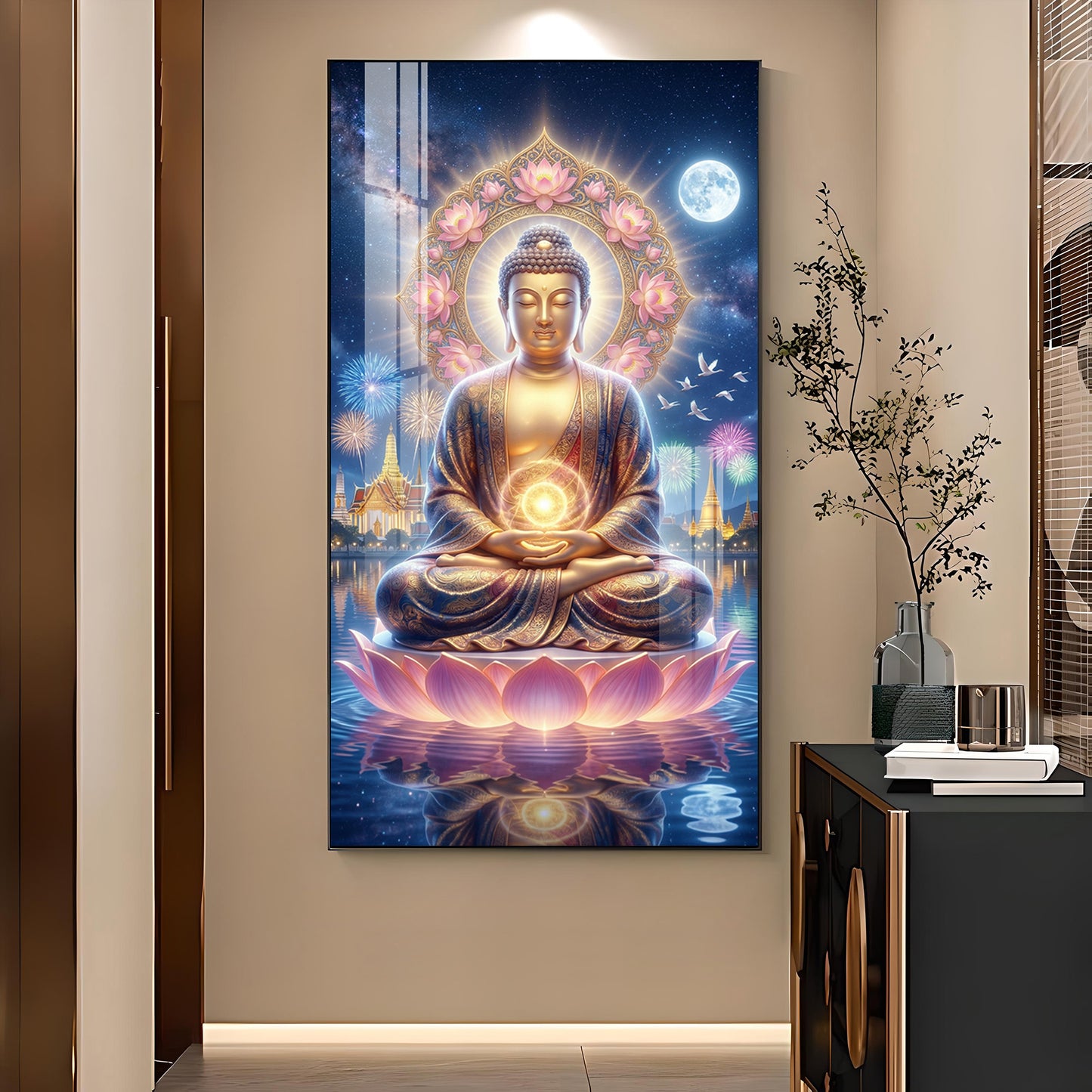 Namo Buddhay Glass Finish Vertical Wall Art
