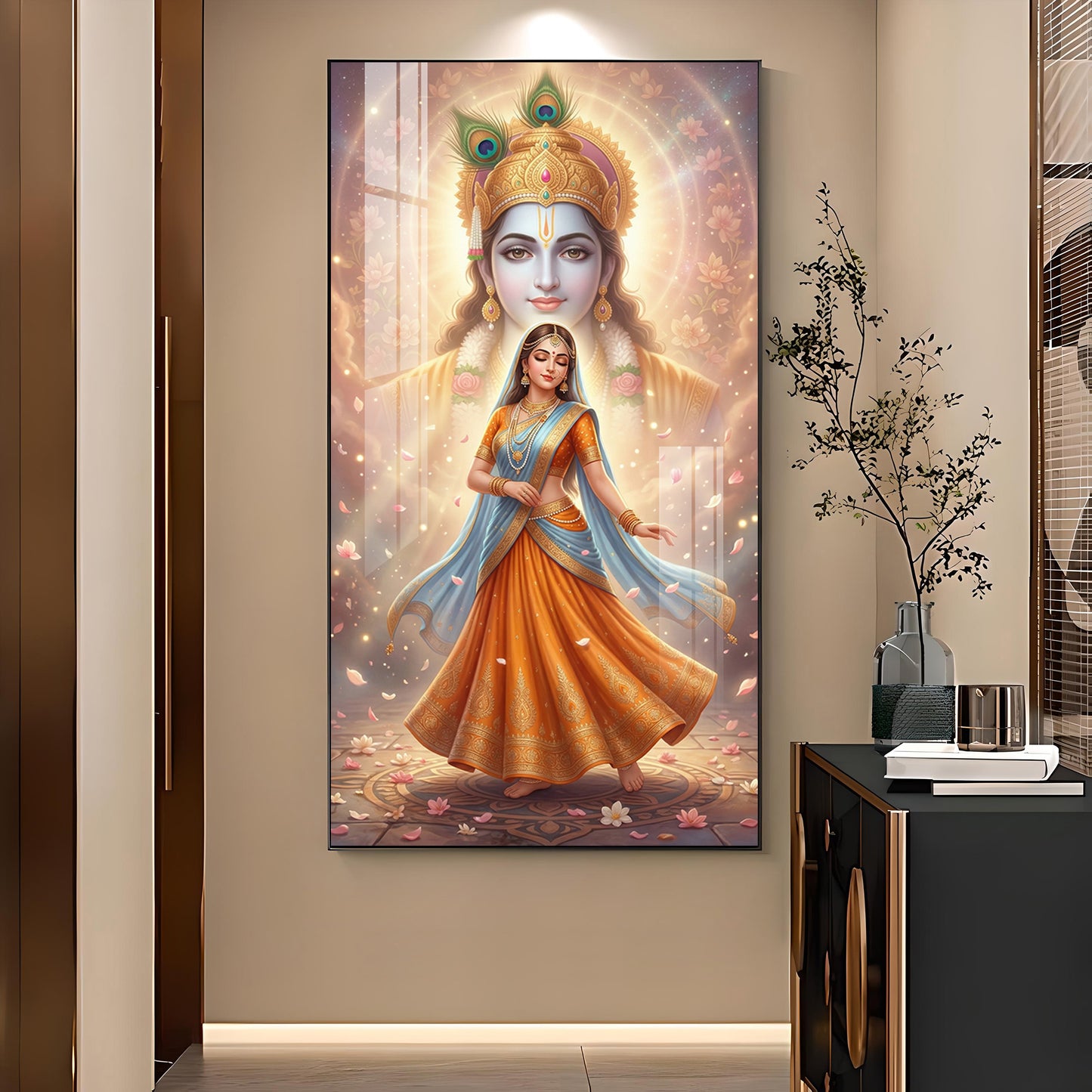 Radha With Shri Krishna Glass Finish Vertical Wall Art