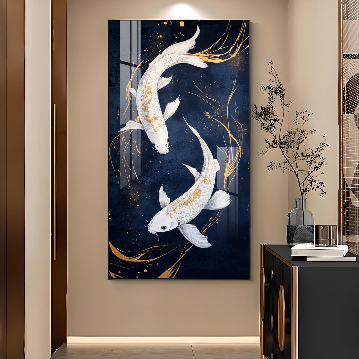 Pair Of White Fish Glass Finish Vertical Wall Art