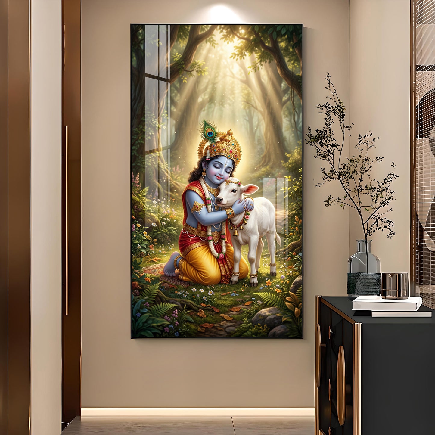 Bal Krishna With Calf Glass Finish Vertical Wall Art