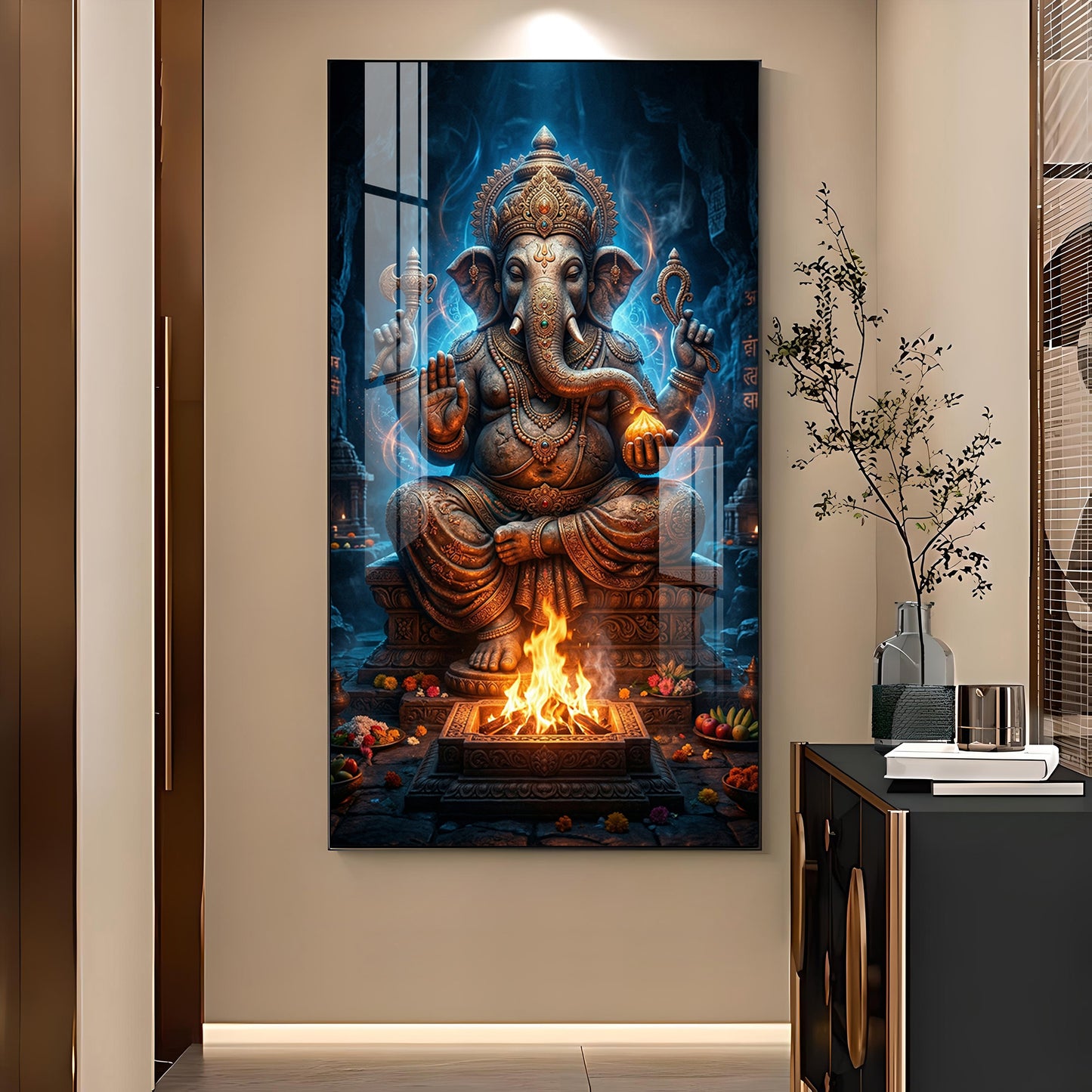 Divine Shree Ganesh Ji Glass Finish Vertical Wall Art