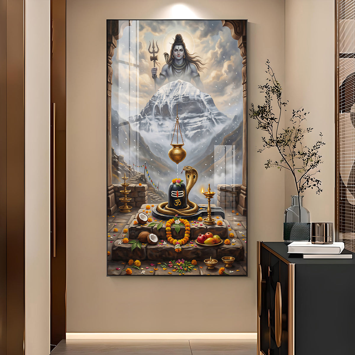 Lord Shiva Shivlingam Glass Finish Vertical Wall Art