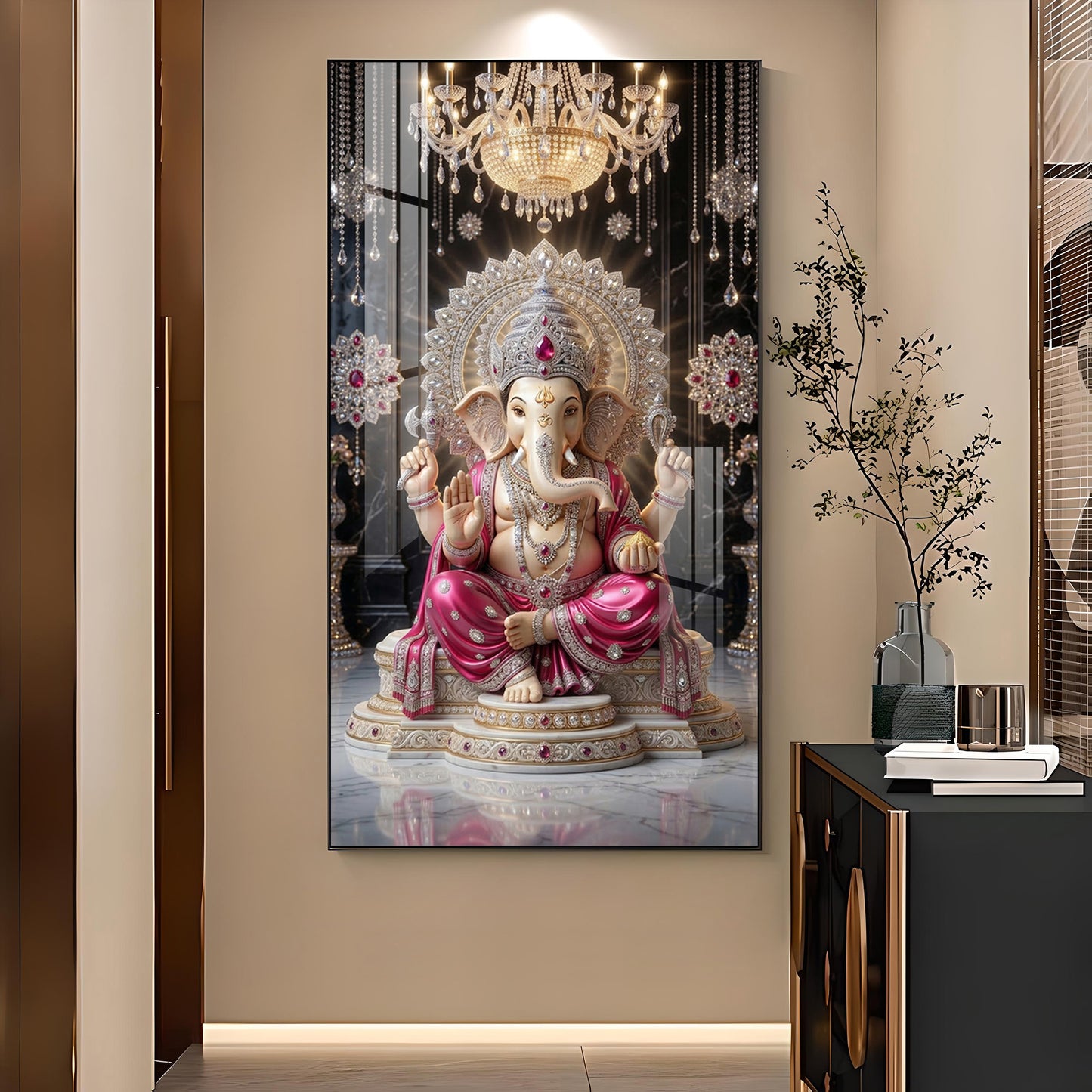 Lord Ganpati Bappa Glass Finish Vertical Wall Art