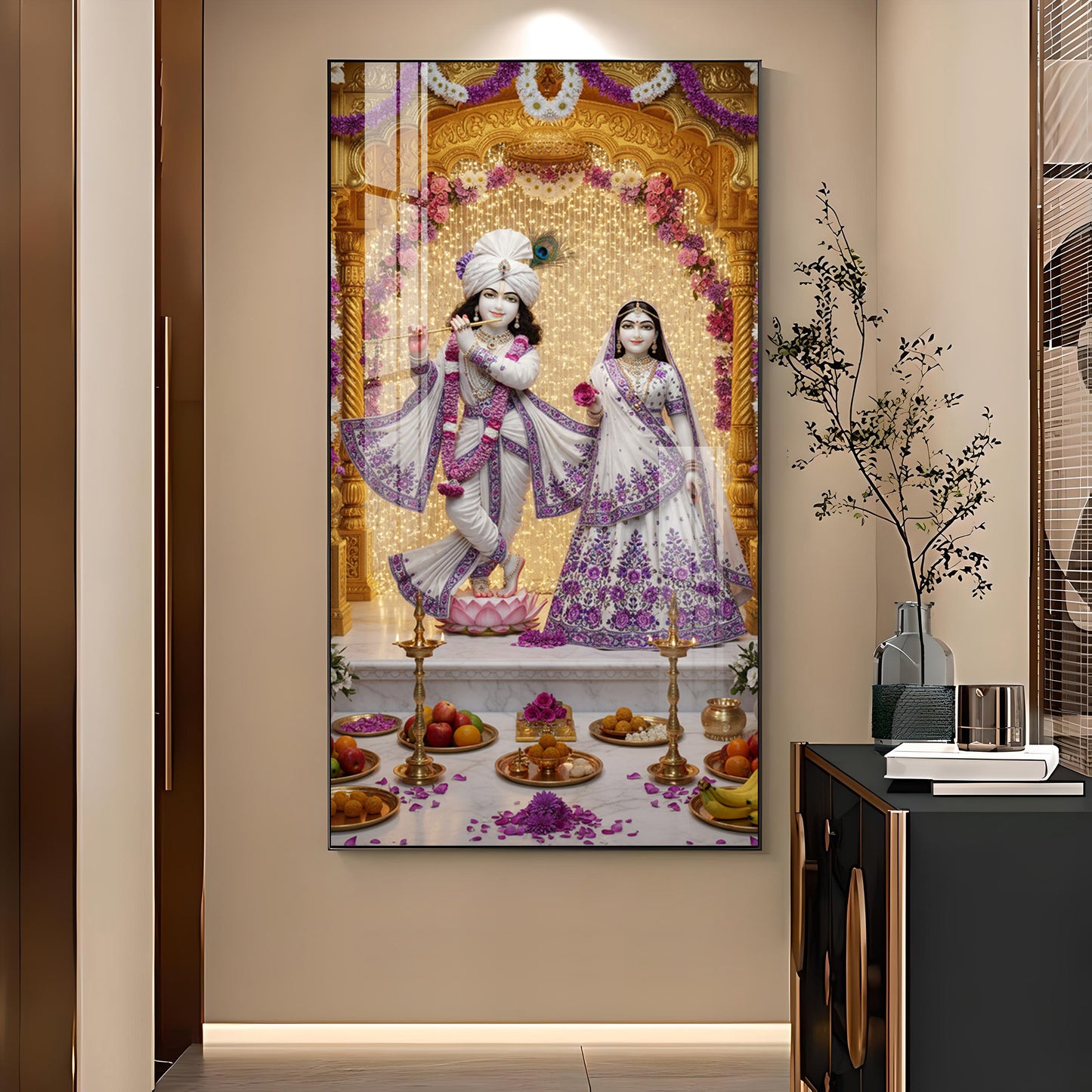 Depicting Radha & Krishna Glass Finish Vertical Wall Art