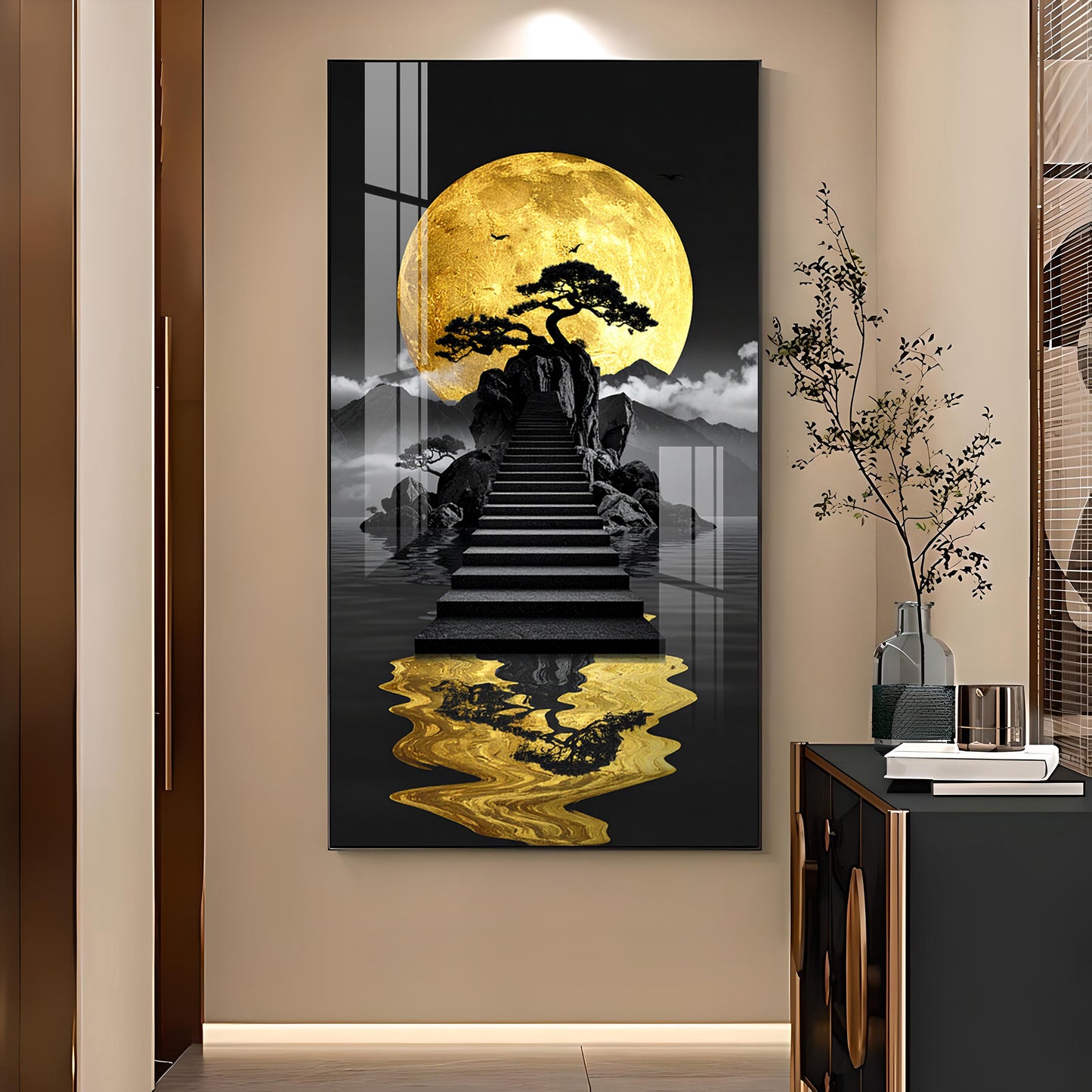 Stairway To The Moon Glass Finish Vertical Wall Art
