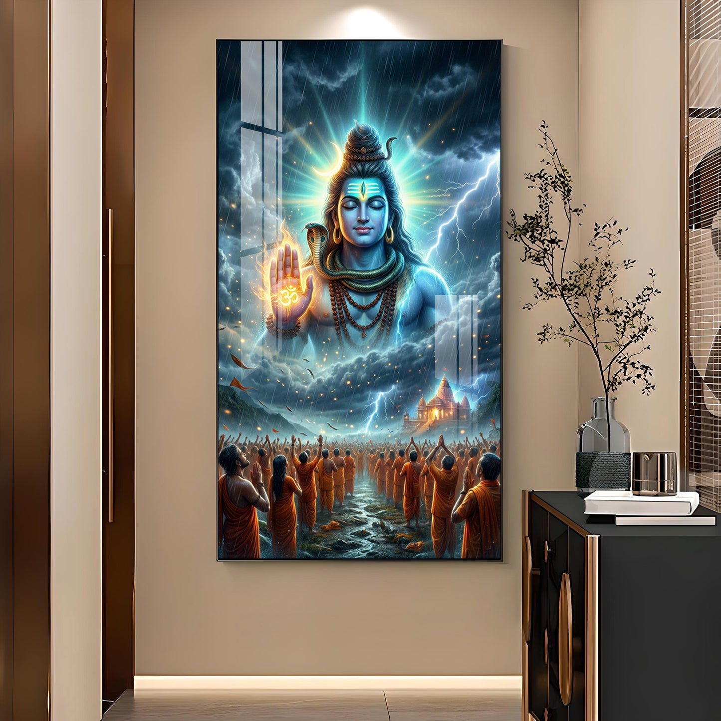 Lord Mahadev Blessing Glass Finish Vertical Wall Art