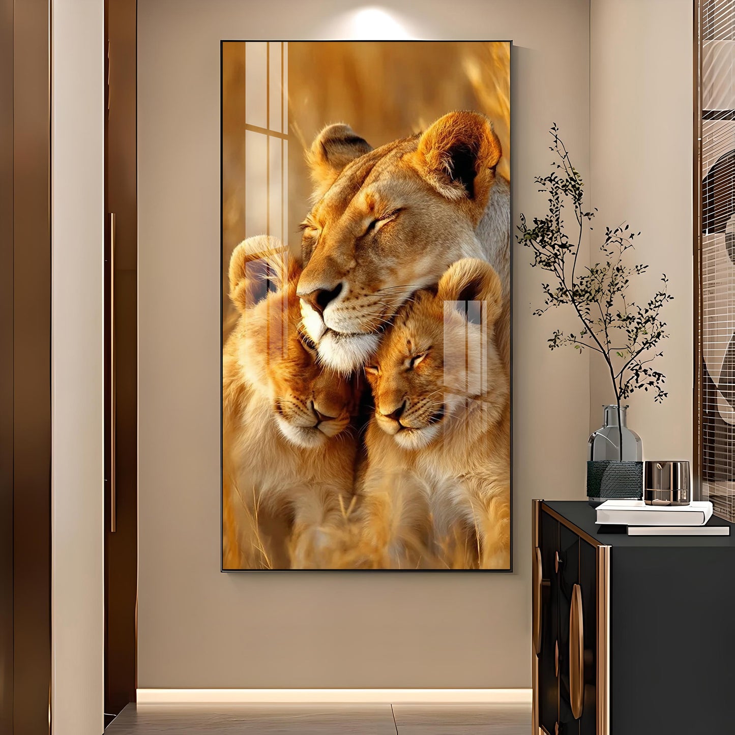 Lioness Cub Cuddling Glass Finish Vertical Wall Art