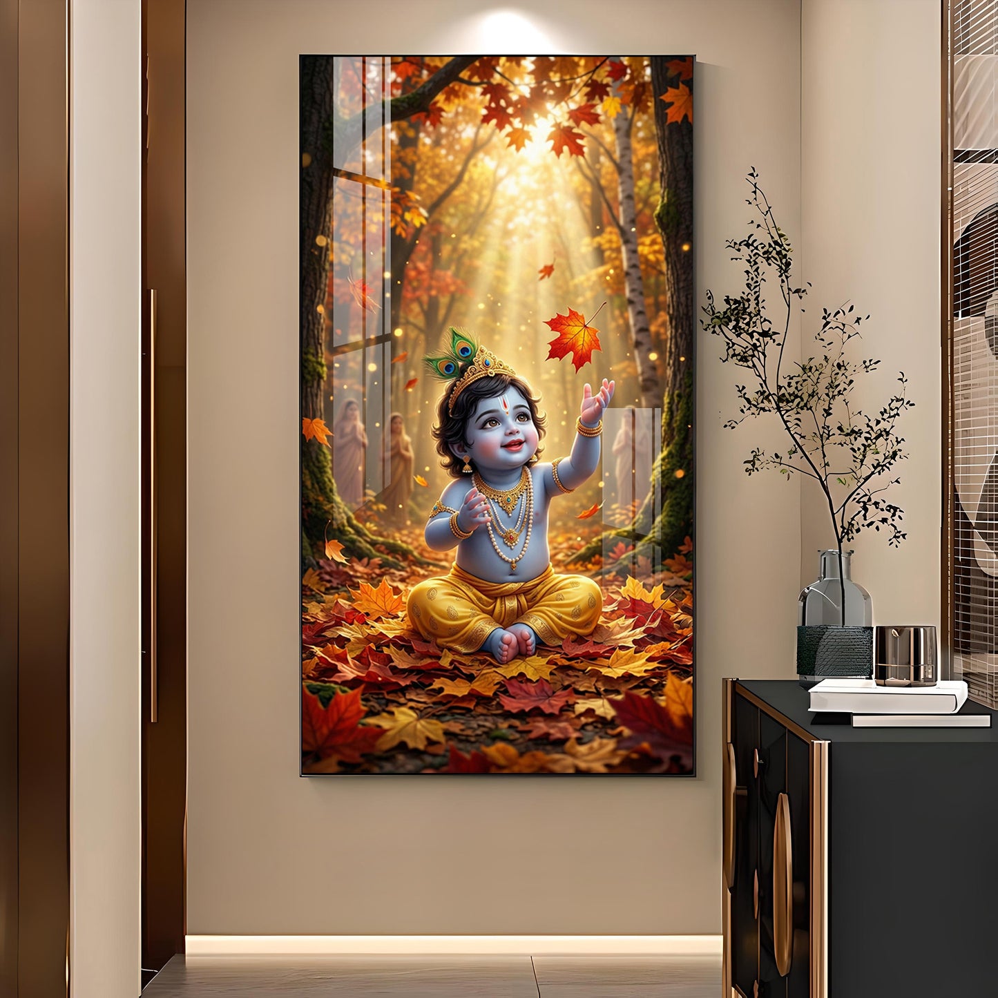 Lord Kanha In Forest Glass Finish Vertical Wall Art