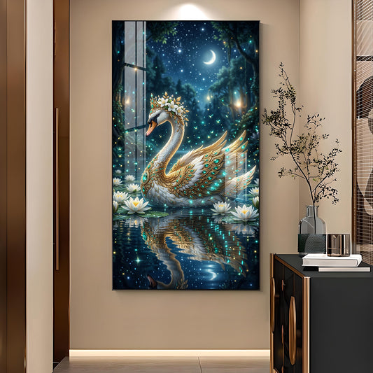 Calm Night Magical Swan Glass Finish Vertical Wall Art