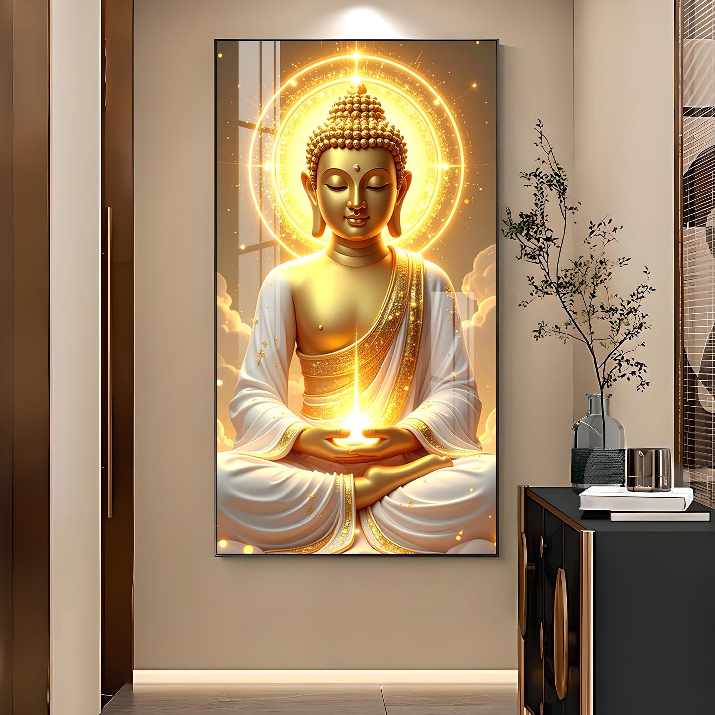 Buddha's Golden Horizon Glass Finish Vertical Wall Art