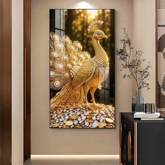 Golden Peacock Glass Finish Vertical Wall Art