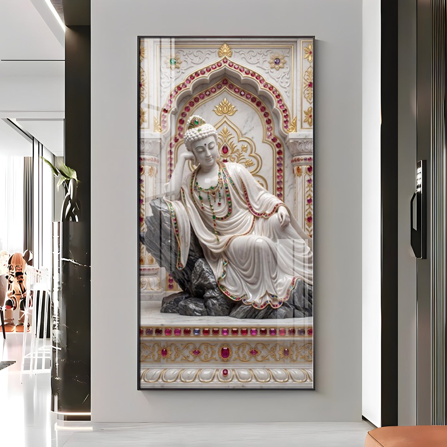 Elegant Buddha Glass Finish Vertical Wall Art