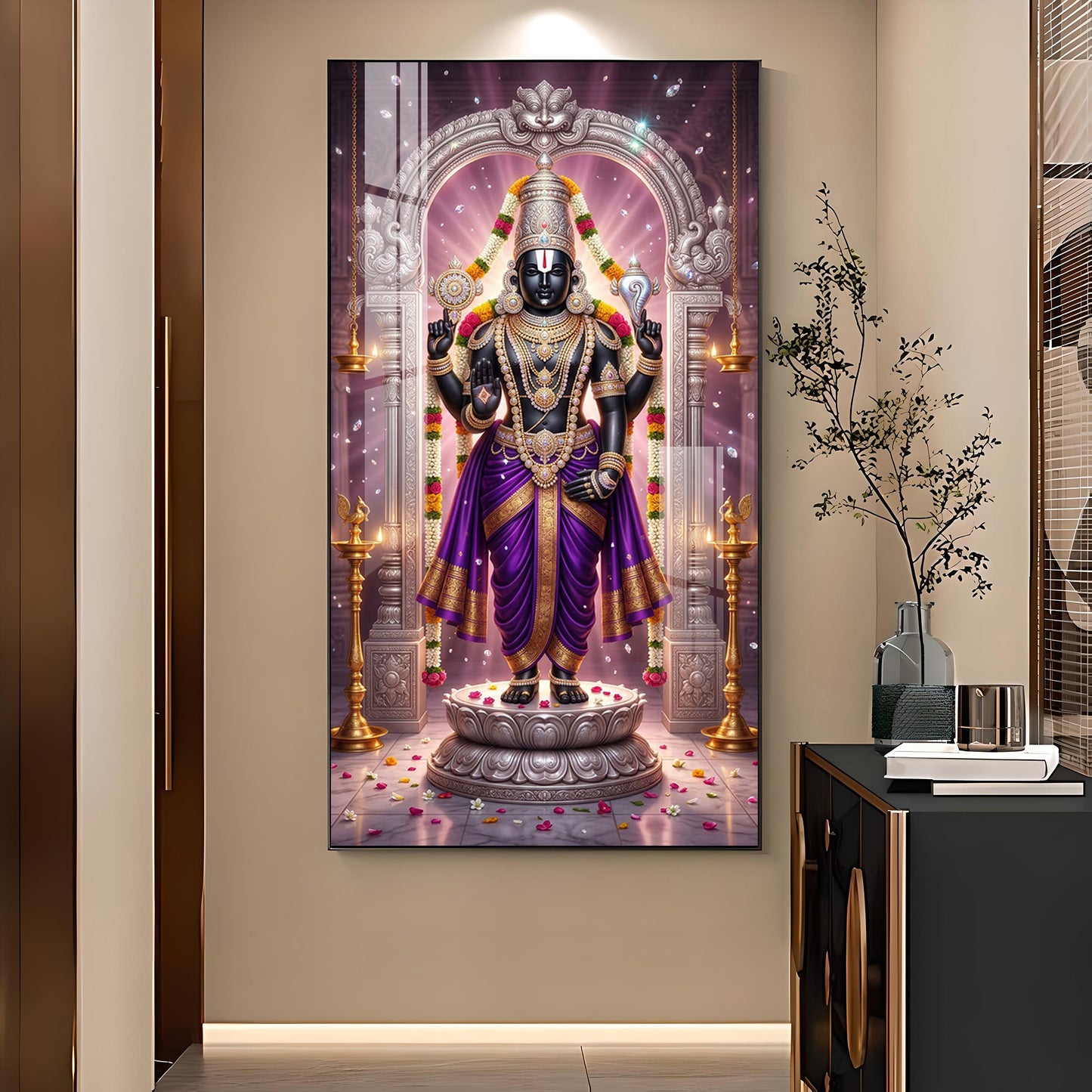 Om Namo Venkateswara Glass Finish Vertical Wall Art