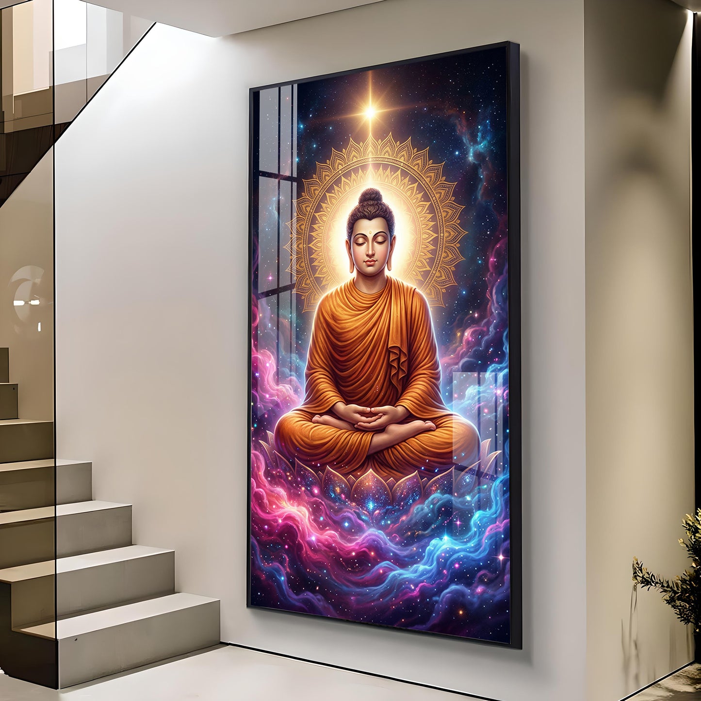 Lord Gautam Buddha Glass Finish Vertical Wall Art