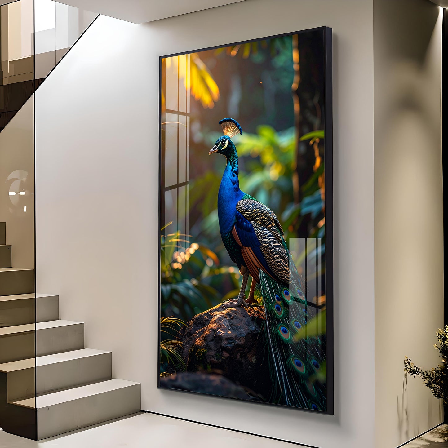 Peacock Perch Glass Finish Vertical Wall Art