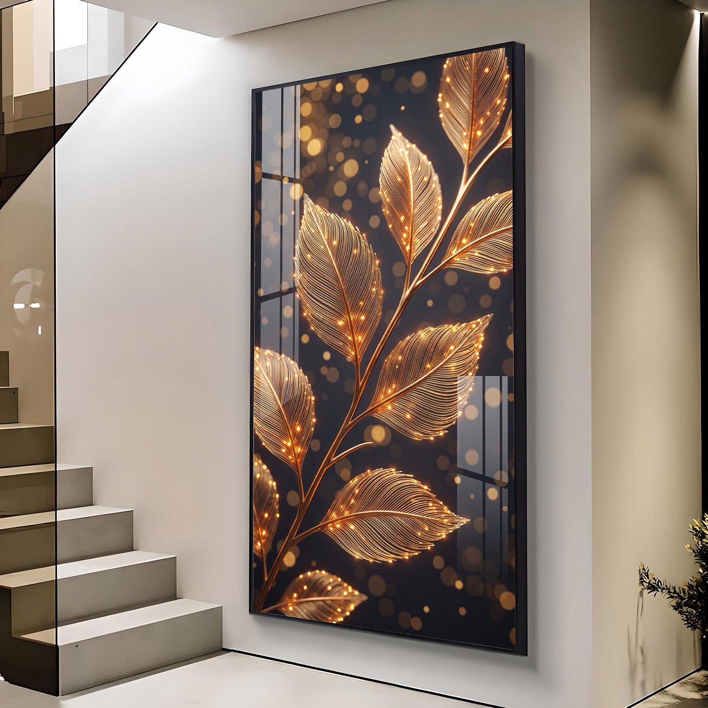 Sparkle Gold Foliage Leaves Glass Finish Vertical Wall Art