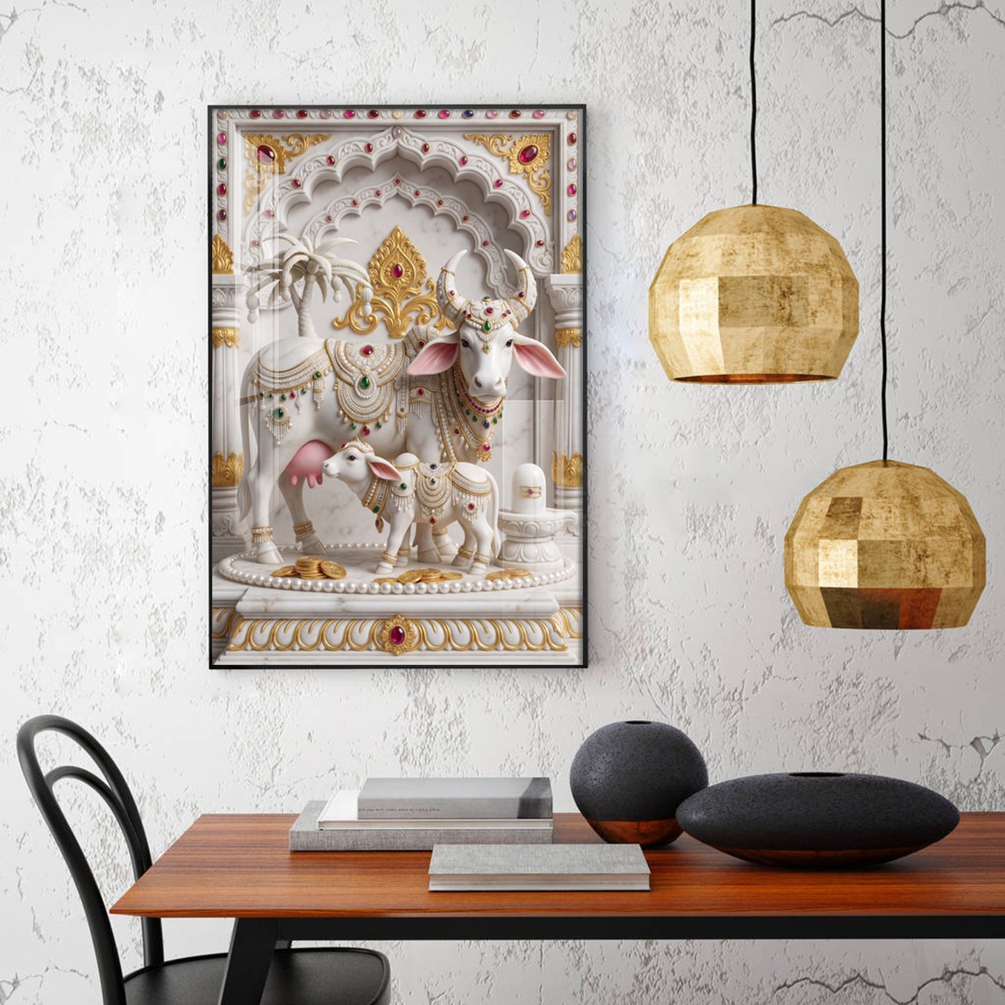 Kamdhenu Cow Calf Glass Finish Vertical Wall Art