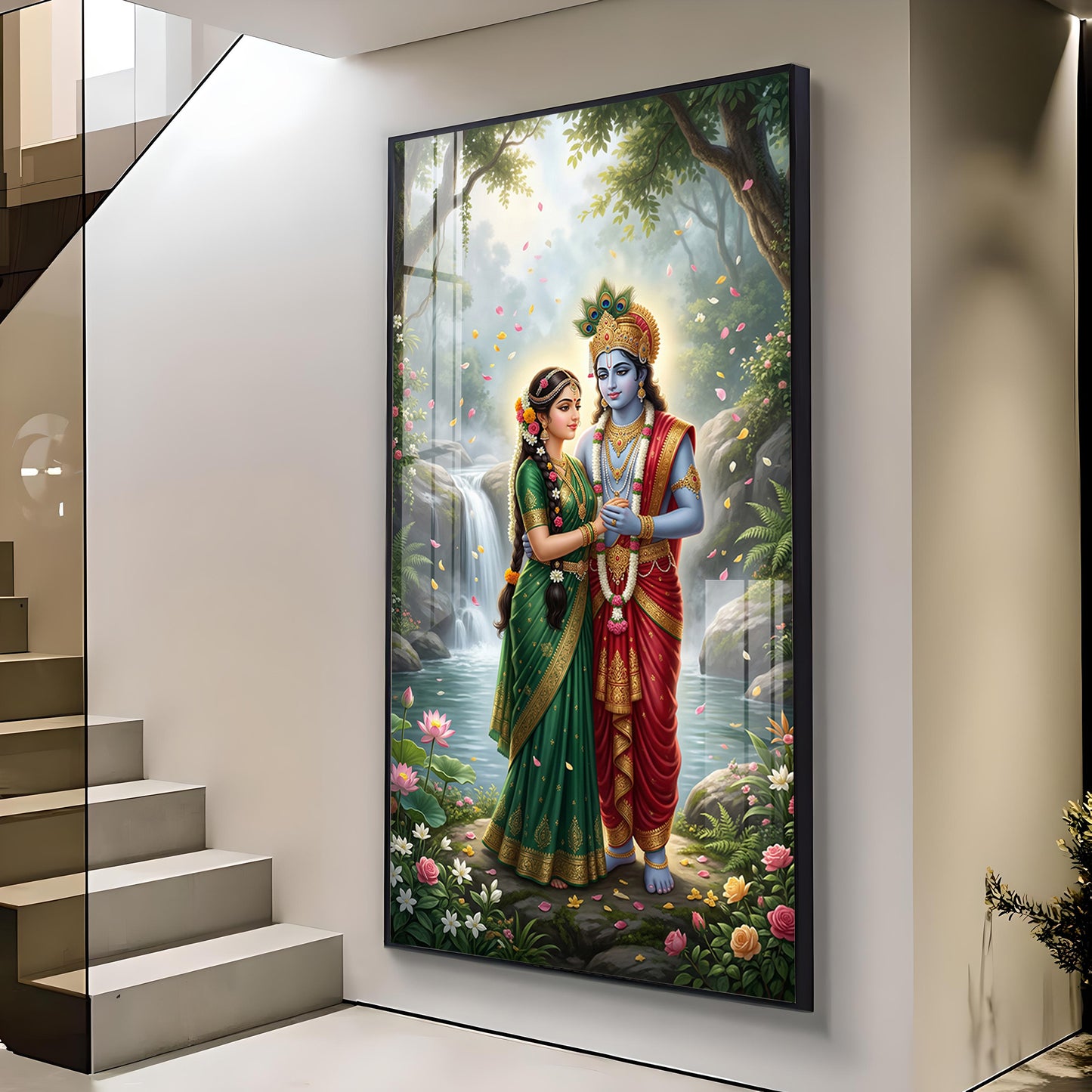 Radha Krishna Divine Aura Glass Finish Vertical Wall Art