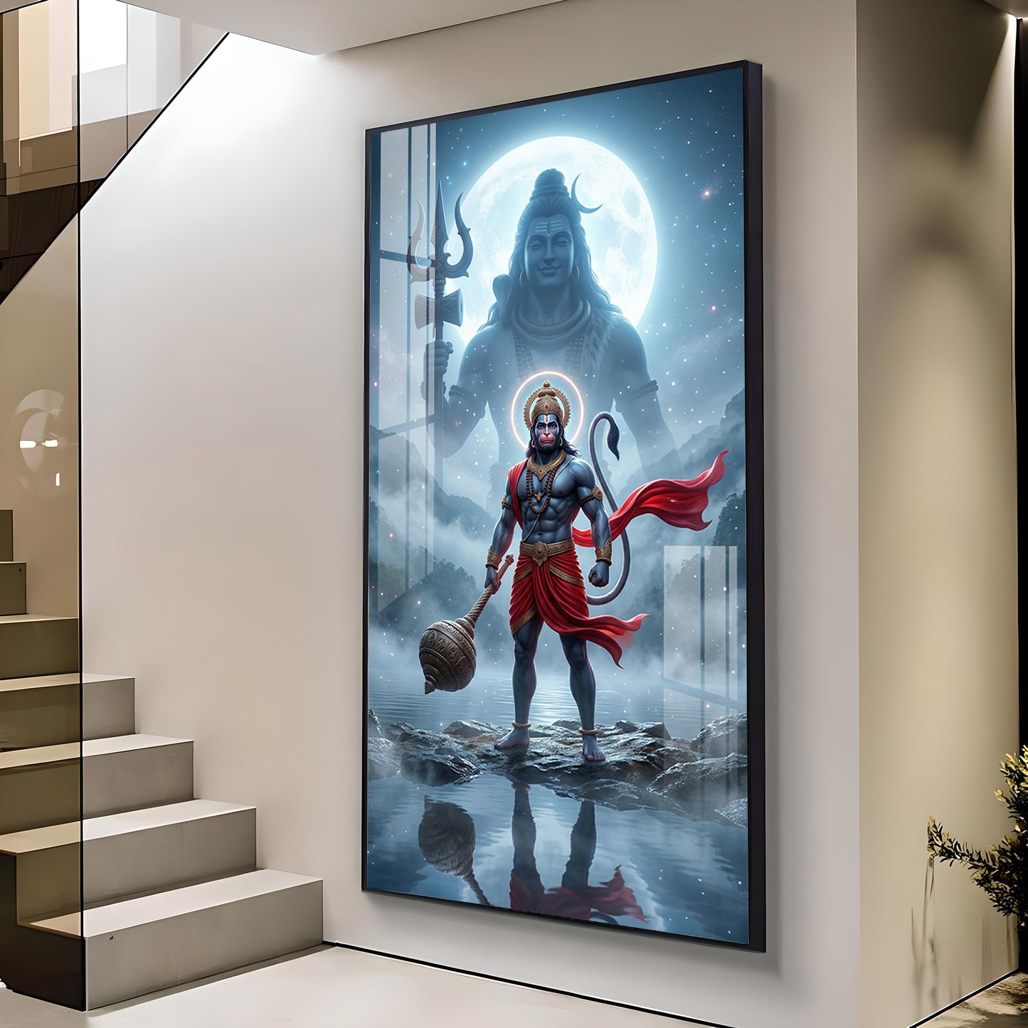 Hanuman Ji and Shiva Ji Glass Finish Vertical Wall Art