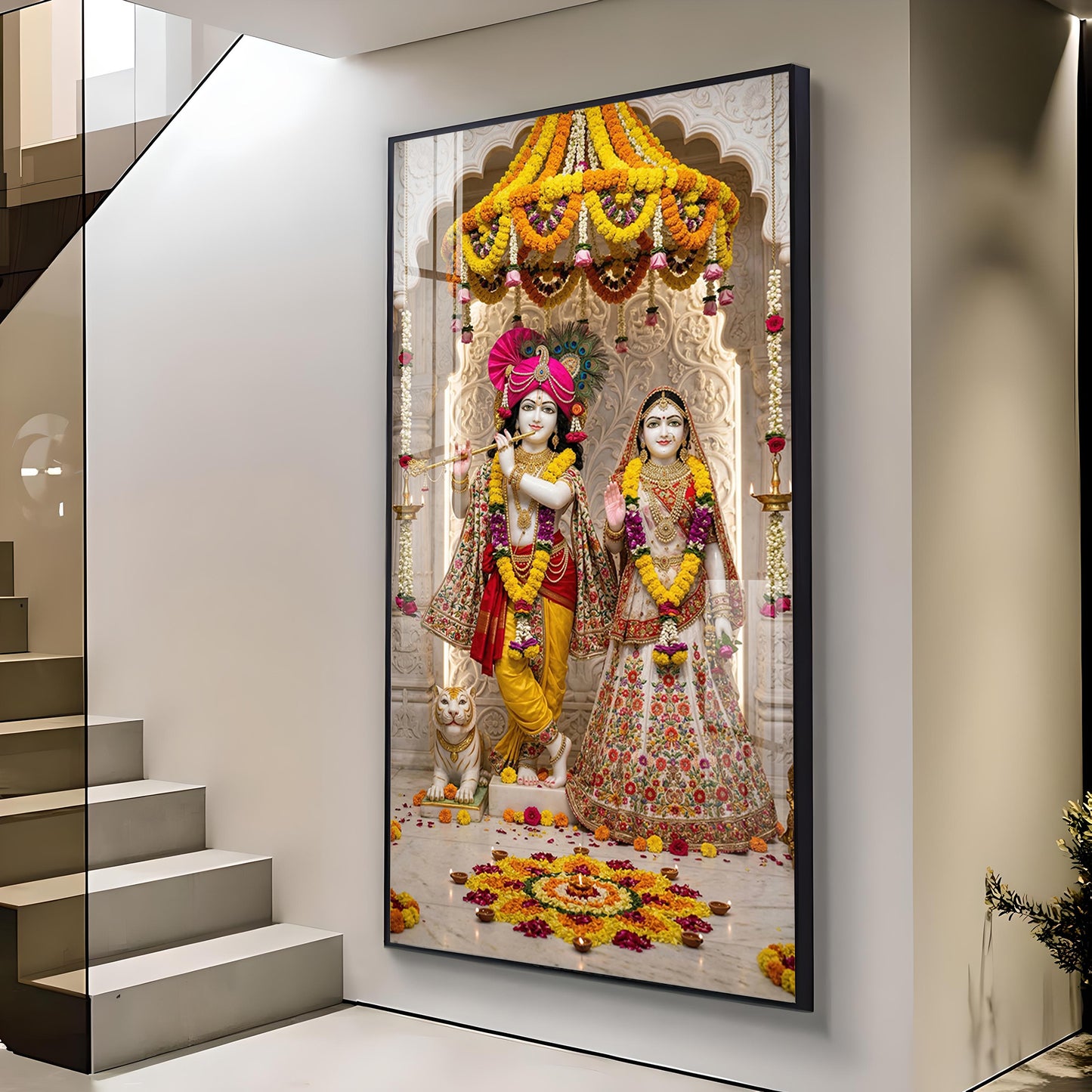 Divine Radha and Krishna Glass Finish Vertical Wall Art