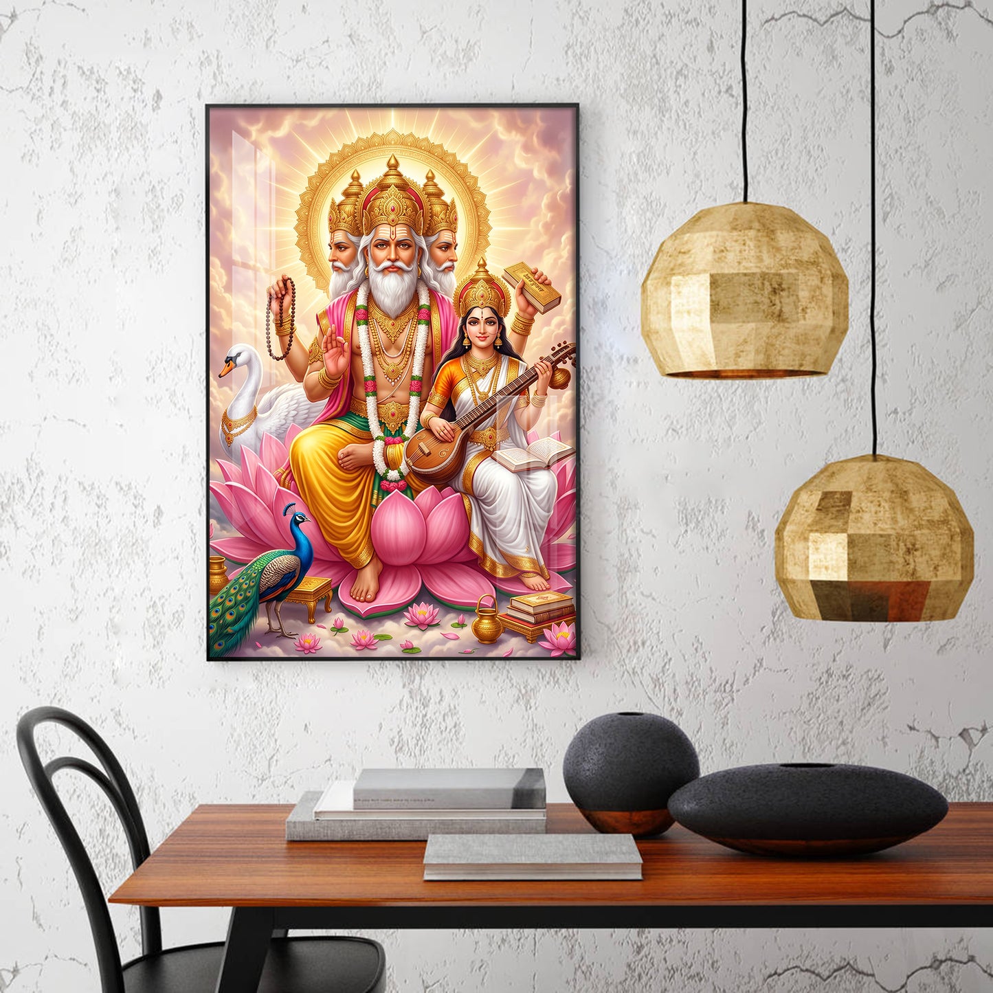 God Brahma Alongside Saraswati Glass Finish Vertical Wall Art