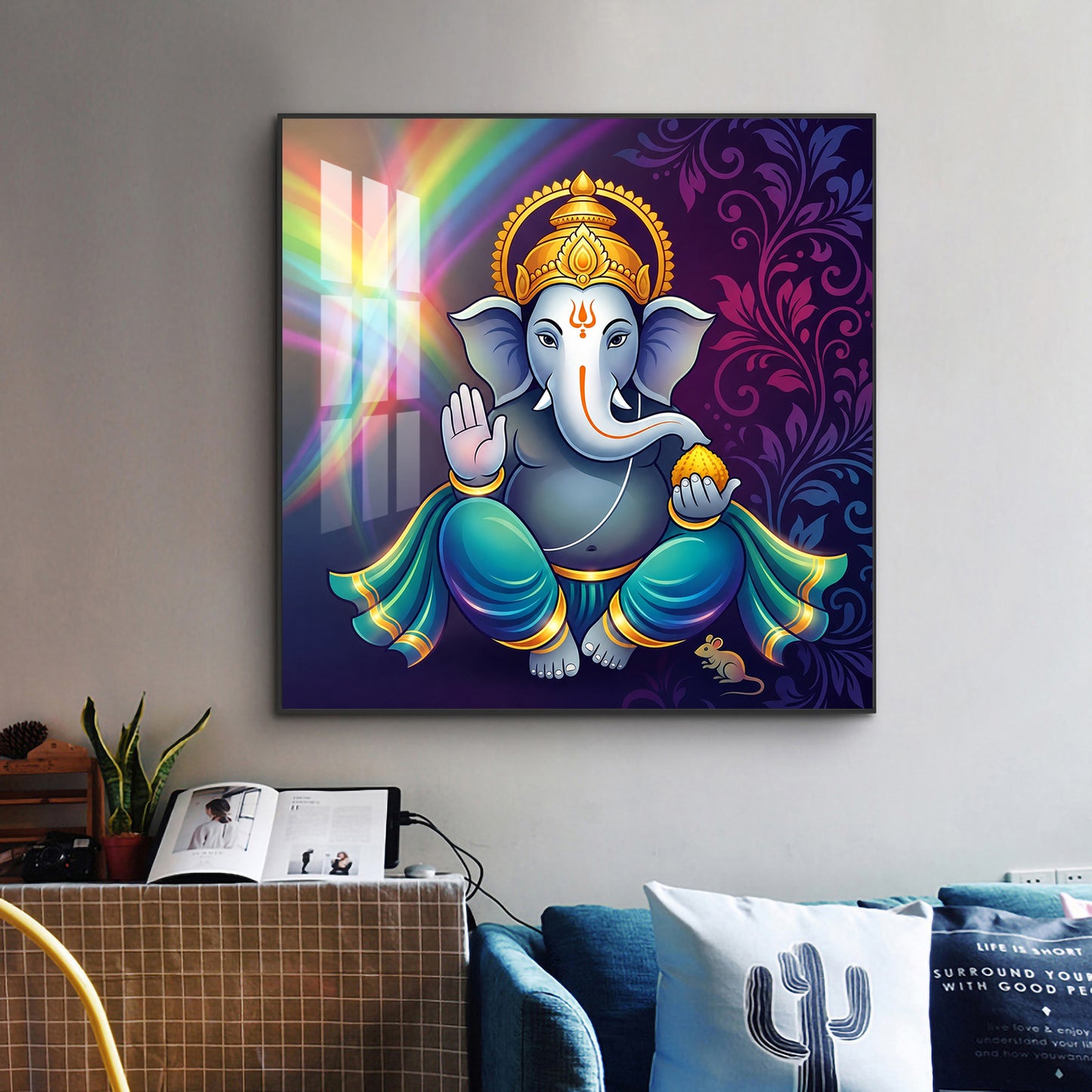 Hindu Deity Lord Ganesha Glass Finish Square Wall Art