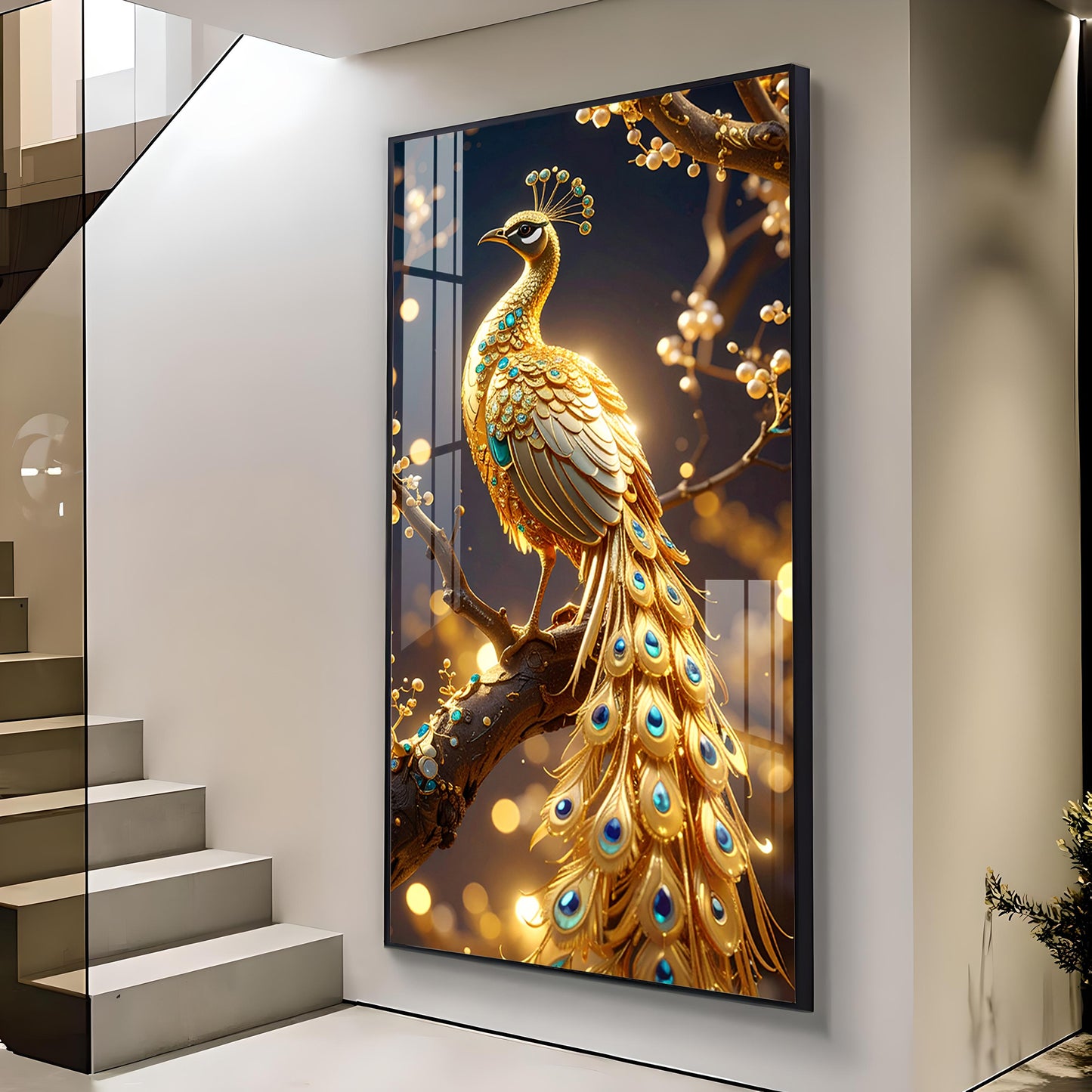 Celestial Golden Peacock Glass Finish Vertical Wall Art