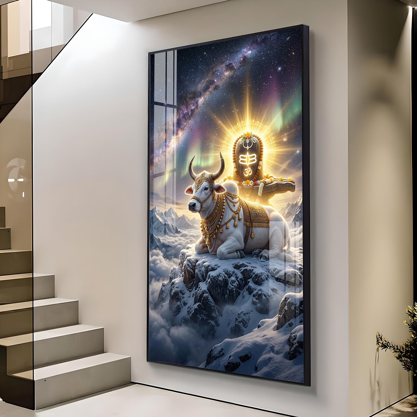 Mahadev With Nandi Glass Finish Vertical Wall Art