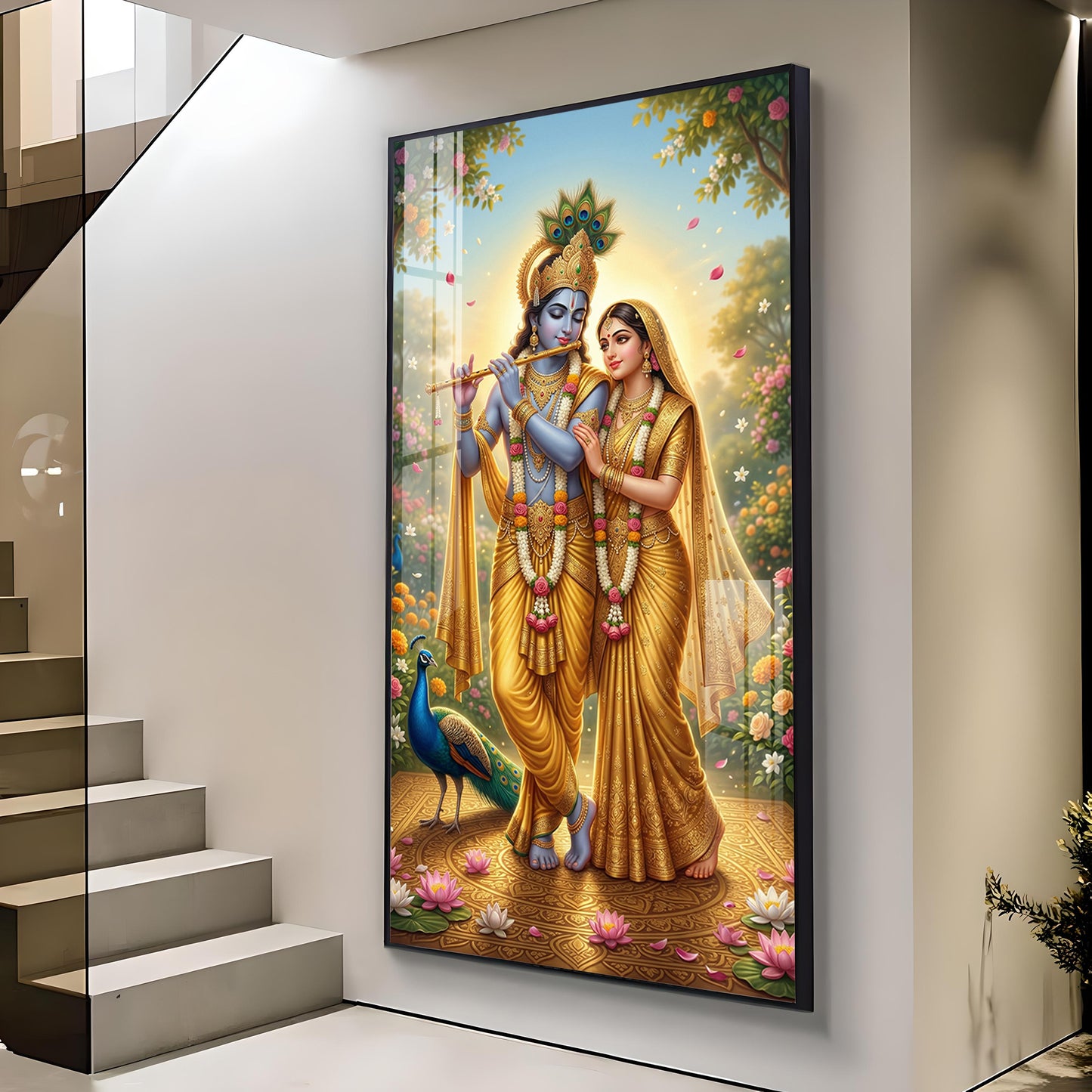 Radha Krishna Divine Love Glass Finish Vertical Wall Art