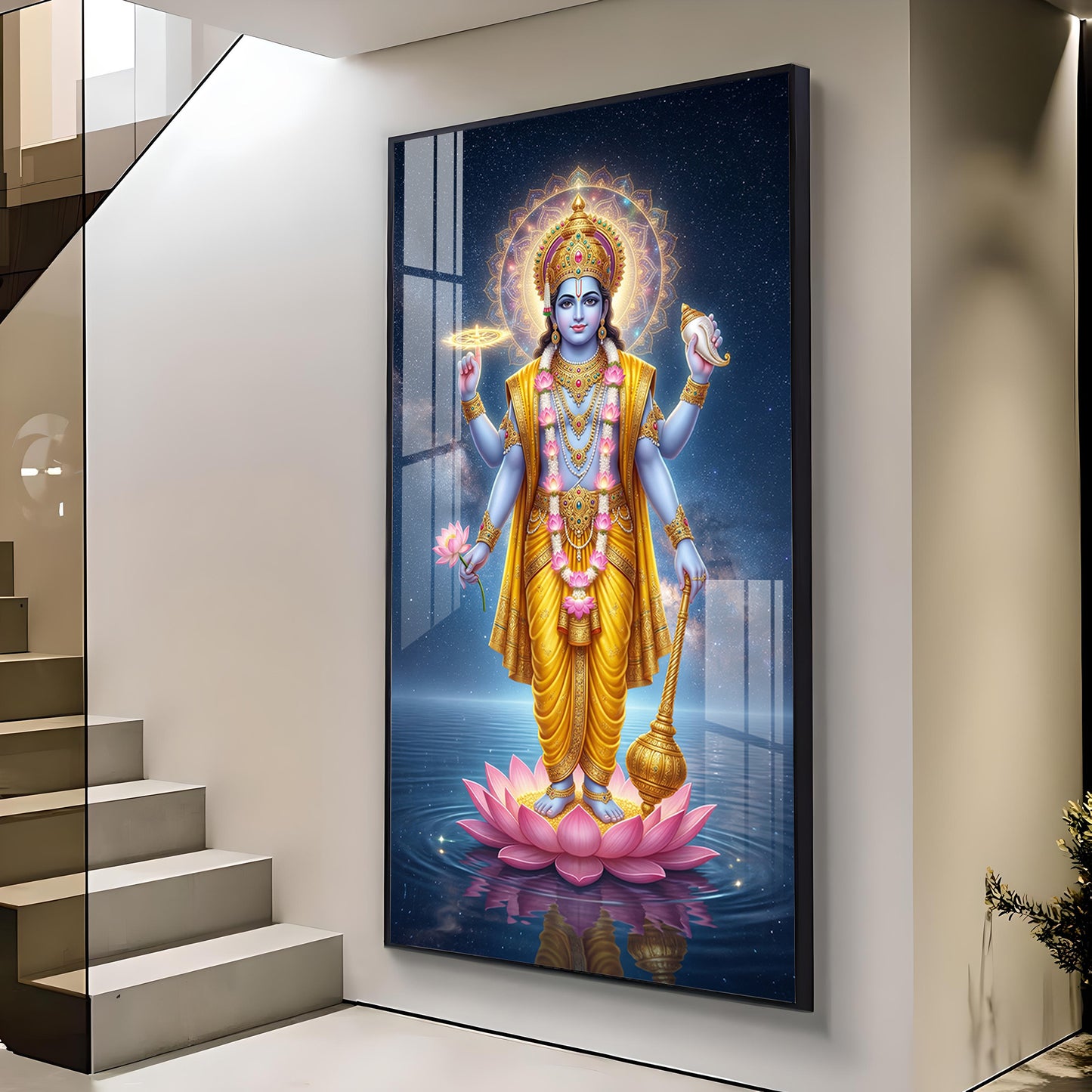 Divine Lord Vishnu Ji On Lotus Glass Finish Vertical Wall Art