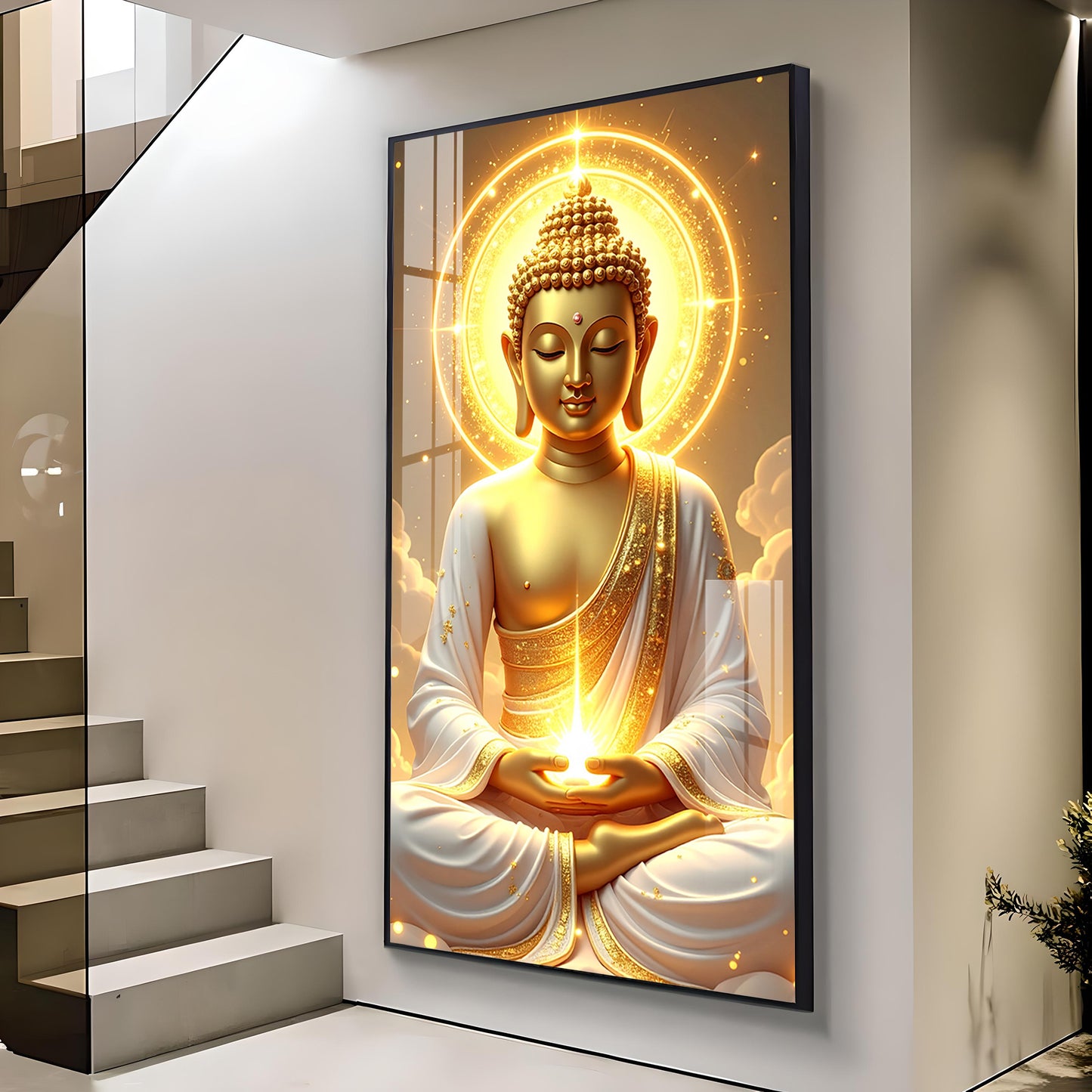 Buddha's Golden Horizon Glass Finish Vertical Wall Art