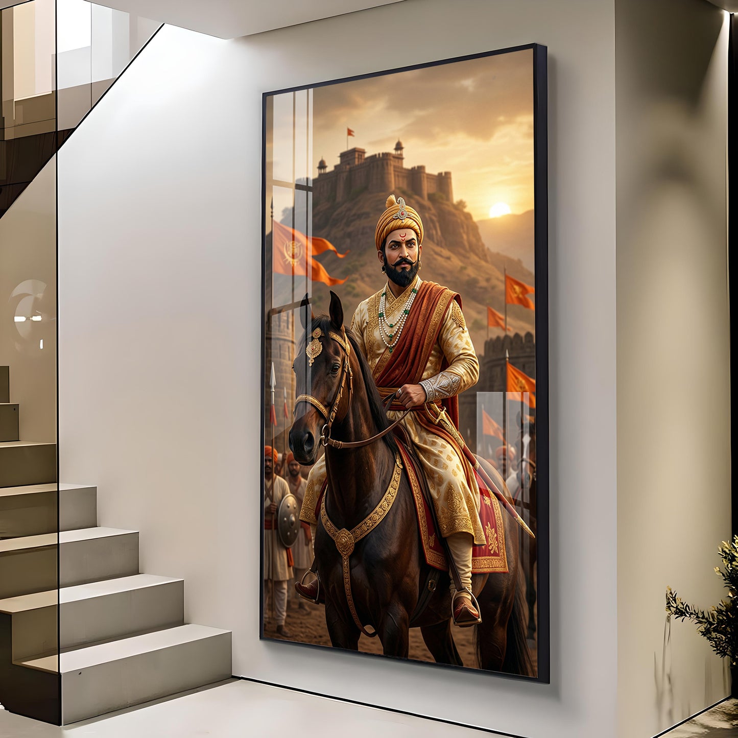 Victorious Chhatrapati Shivaji Maharaj Glass Finish Vertical Wall Art