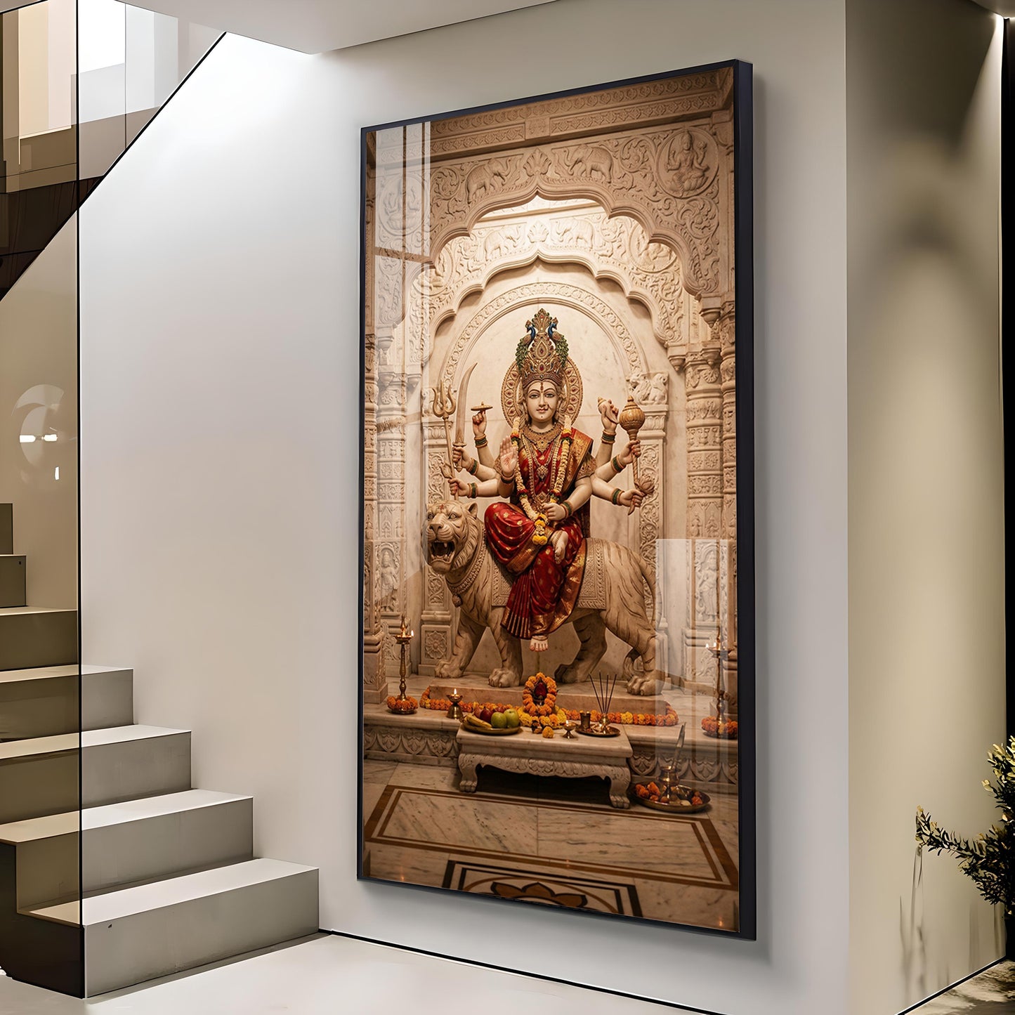 Hindu Goddess Durga Maa Glass Finish Vertical Wall Art