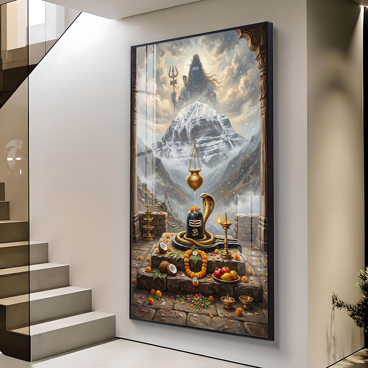 Lord Shiva Shivlingam Glass Finish Vertical Wall Art