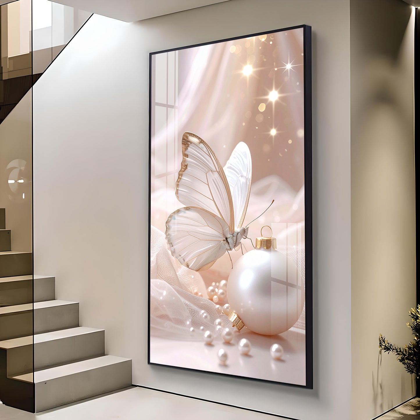 Beautiful Butterfly Glass Finish Vertical Wall Art