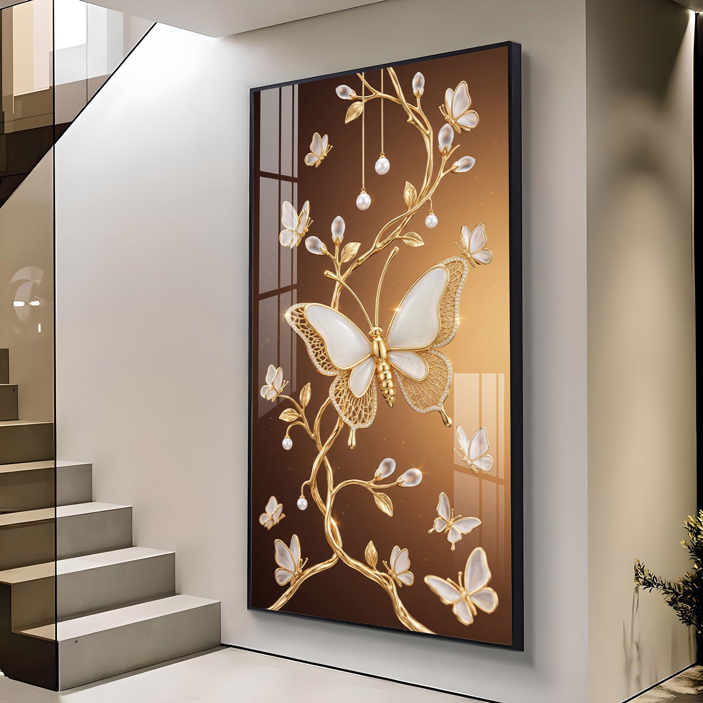 Golden Vines With White Butterflies Glass Finish Vertical Wall Art