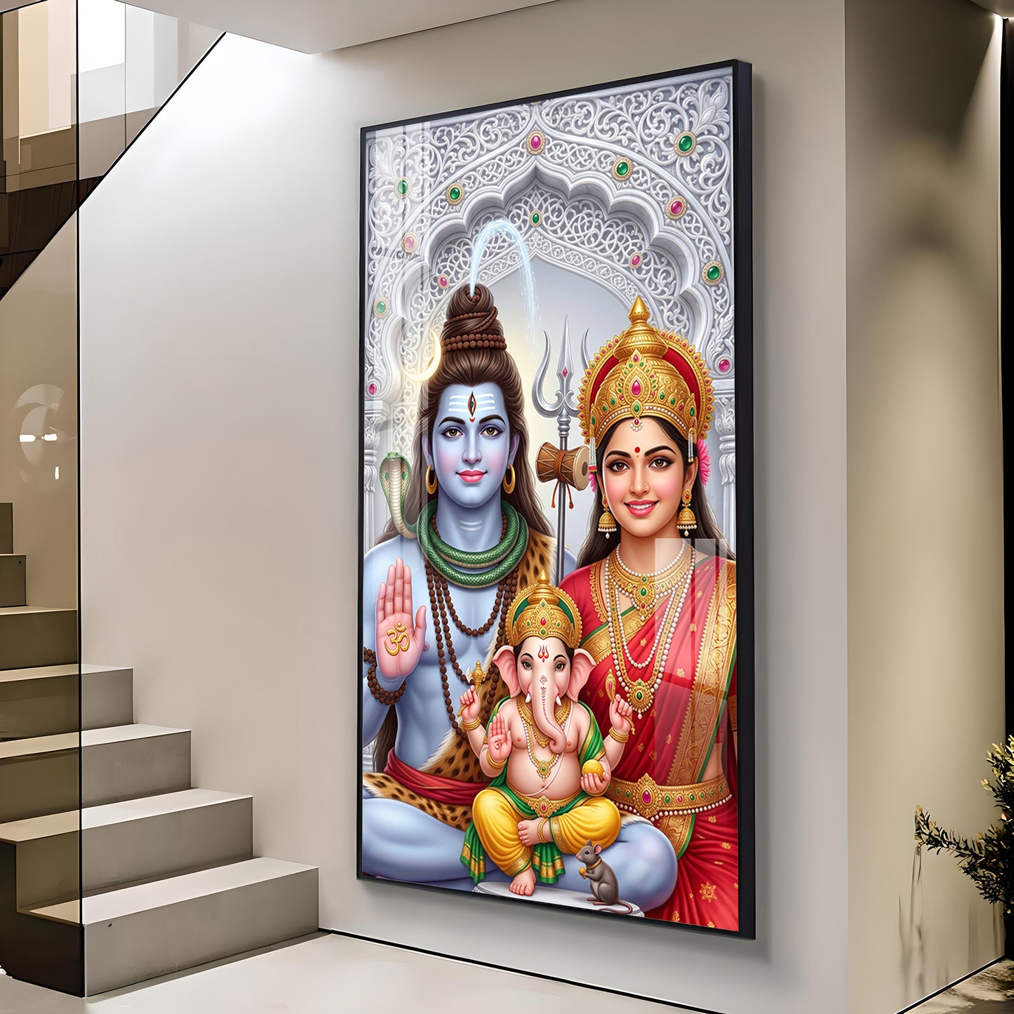 Hindu Deity Family Glass Finish Vertical Wall Art